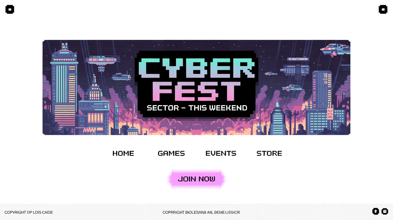 A pixel art banner mockup on a white background. The banner shows a futuristic city at night and has the text 'CYBER FEST' and 'SECTOR 7 - THIS WEEKEND' in a pixelated font.
