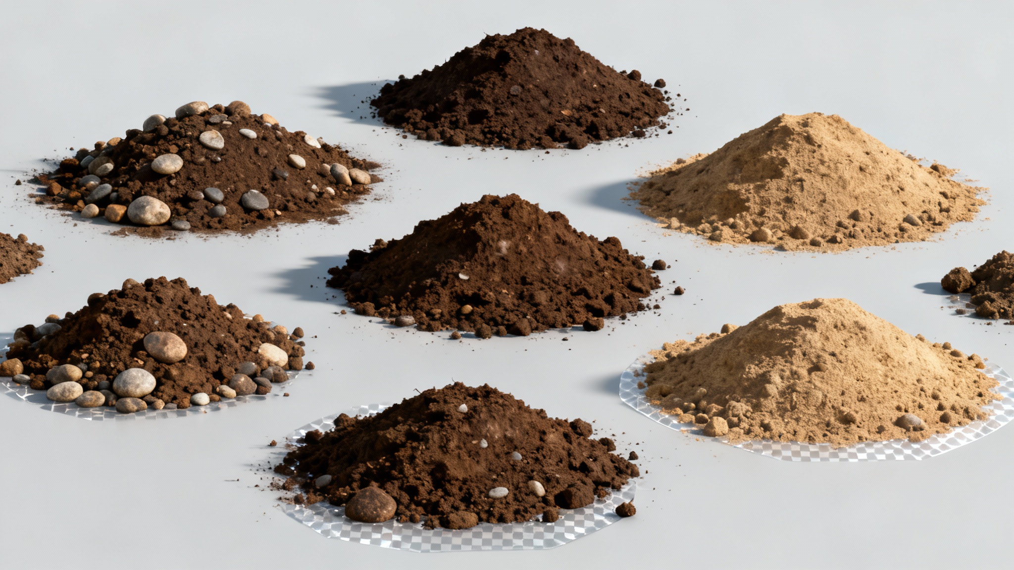 A collection of high-quality, photorealistic dirt mound PNGs arranged artfully on a light grey background, showcasing their detailed textures and transparent edges.