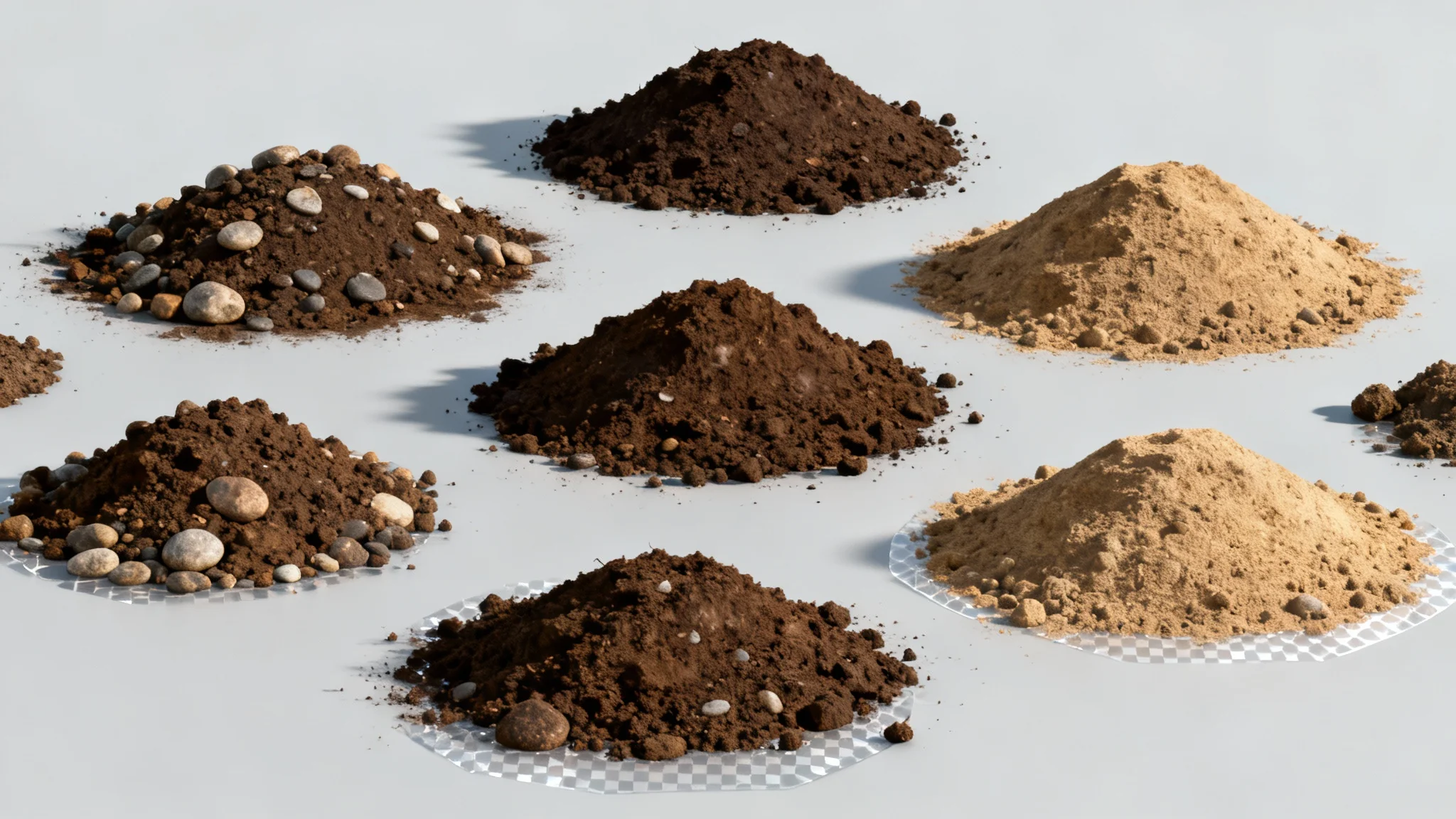 A collection of high-quality, photorealistic dirt mound PNGs arranged artfully on a light grey background, showcasing their detailed textures and transparent edges.