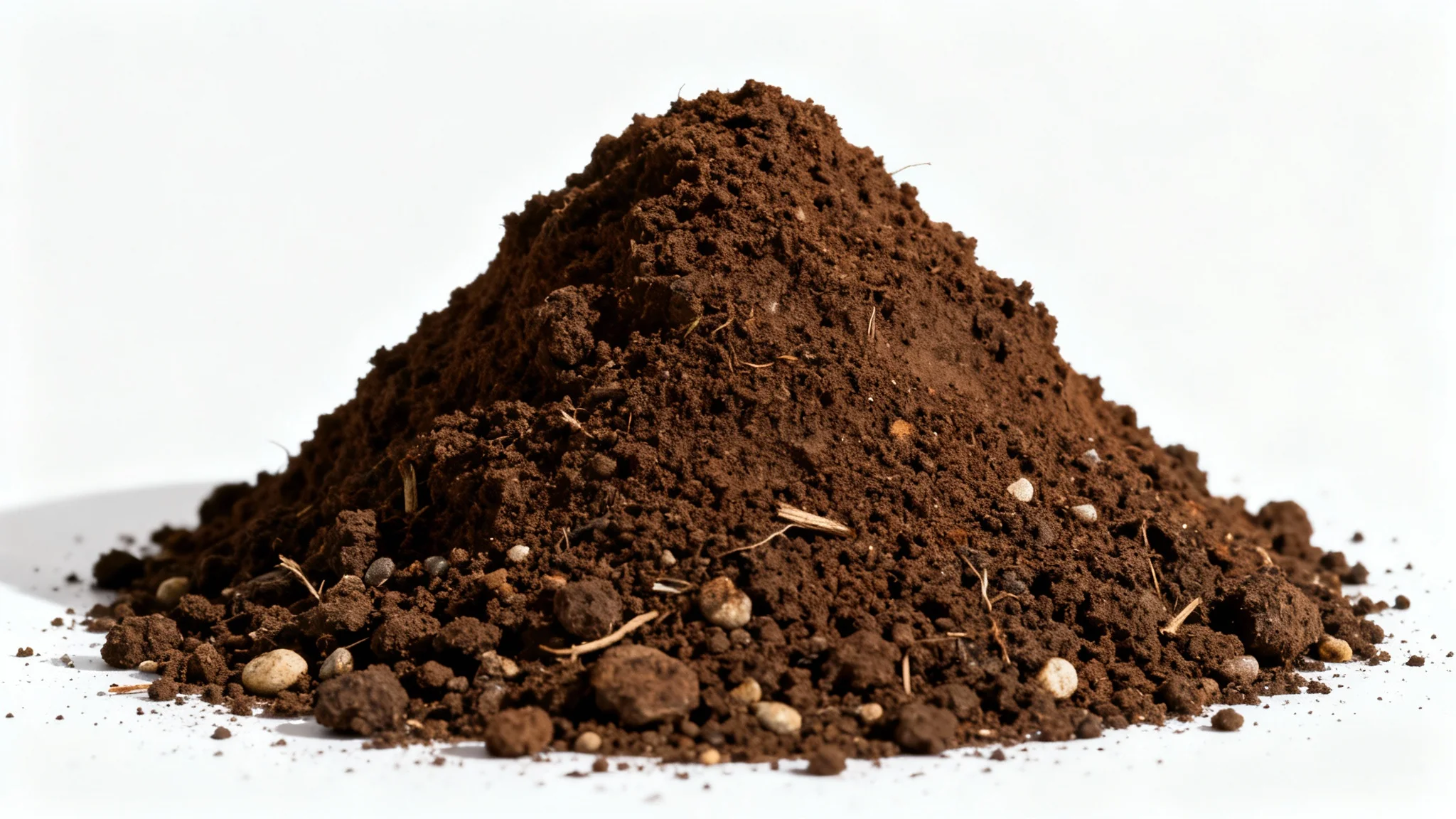 A photorealistic image of a neat pile of dark brown dirt, shown in high detail on a clean white background.