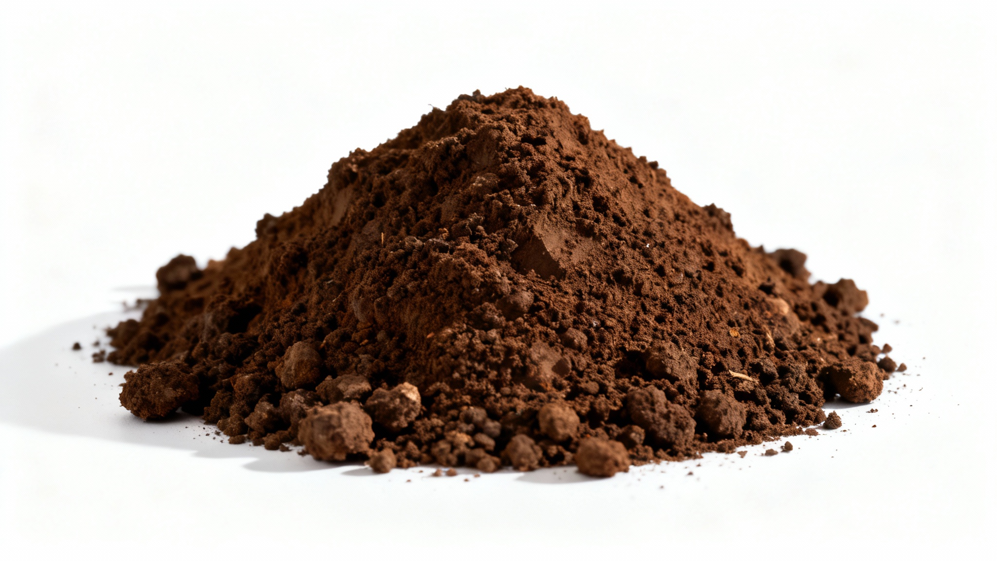 A high-quality, realistic image of a pile of dark brown dirt sitting on a plain white background, isolated and ready for use.