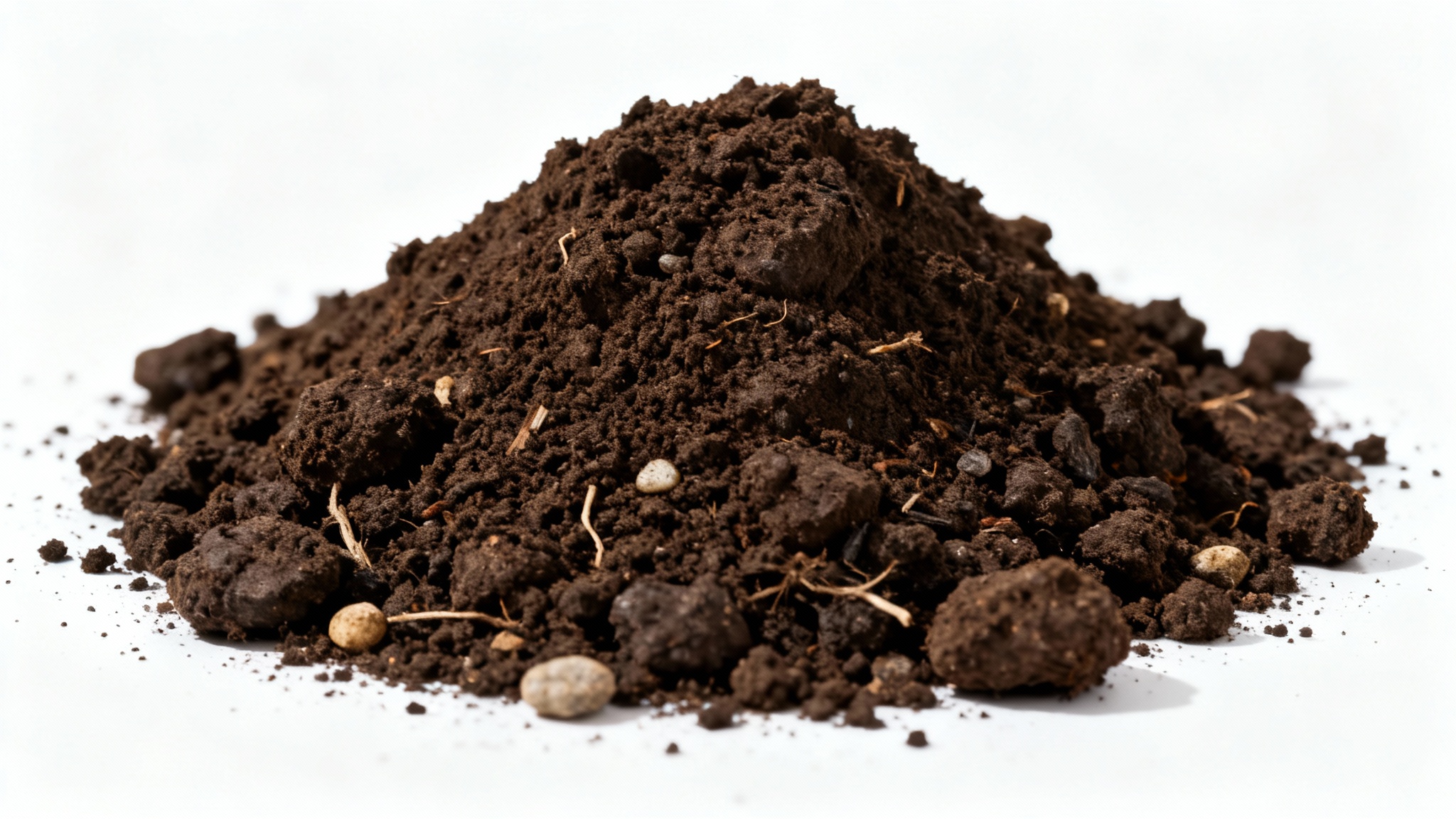 A photorealistic mockup of a mound of rich, dark, fertile soil with a clumpy texture, presented on a clean white background.