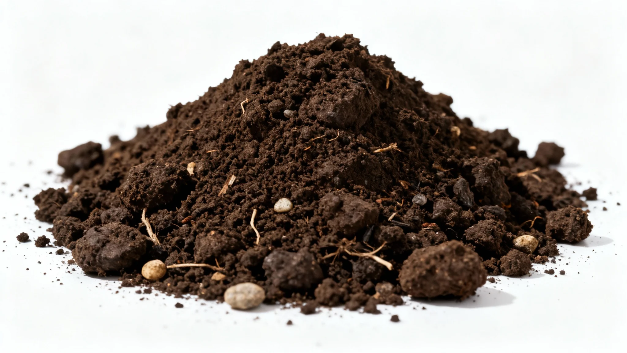 A photorealistic mockup of a mound of rich, dark, fertile soil with a clumpy texture, presented on a clean white background.