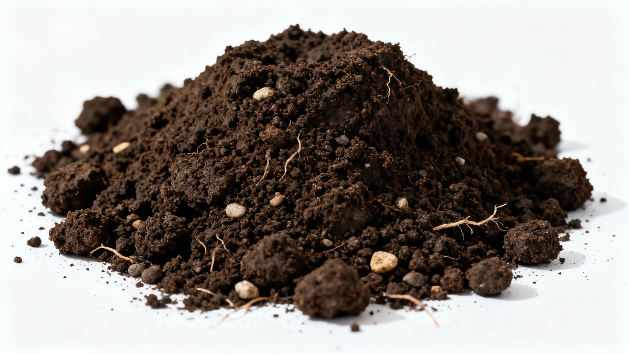 A highly detailed, realistic image of a mound of dark brown dirt with clumps and small pebbles, isolated on a plain white background.
