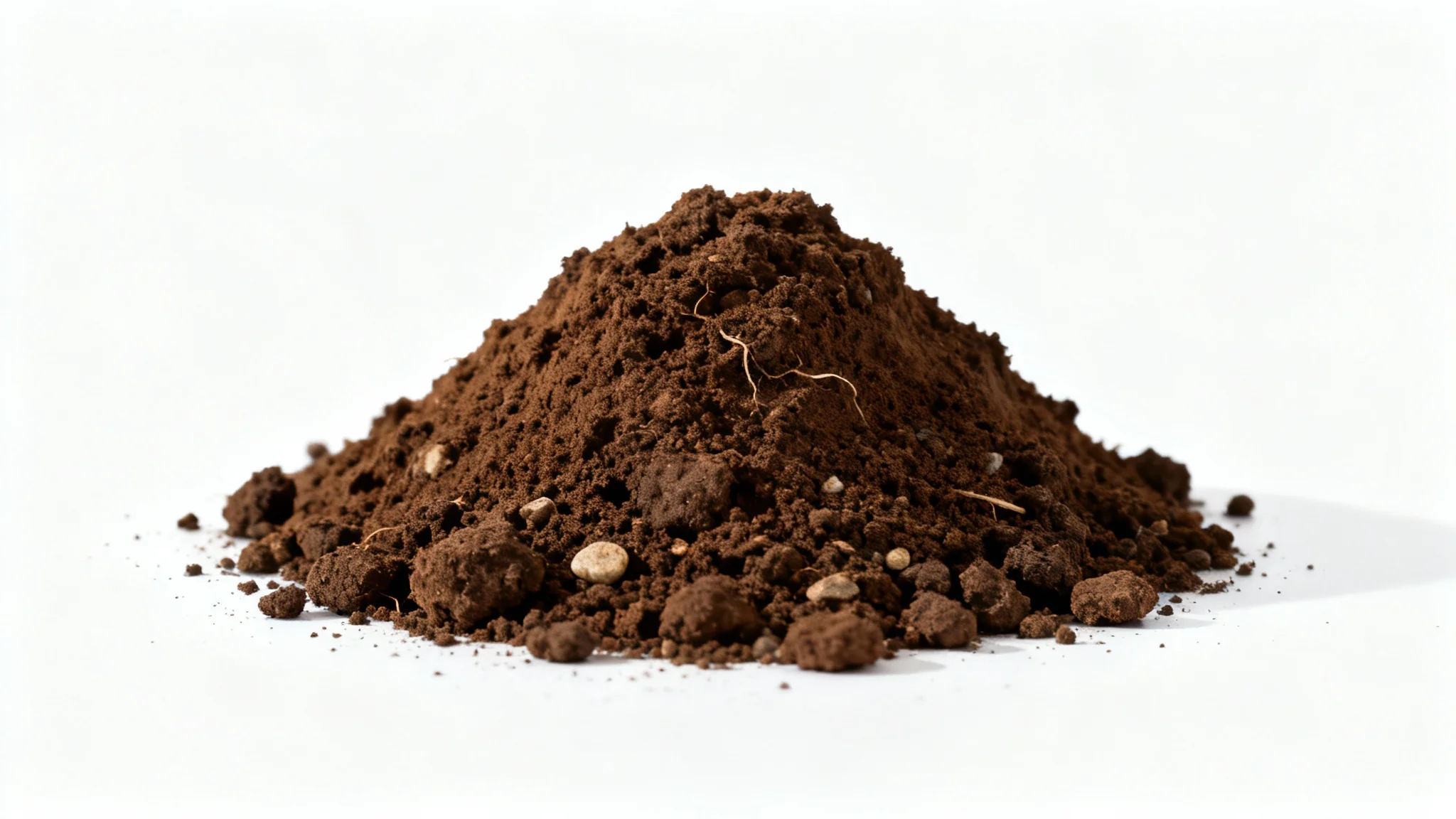 A highly detailed, realistic mound of dark brown dirt with small pebbles and roots, isolated on a clean white background.