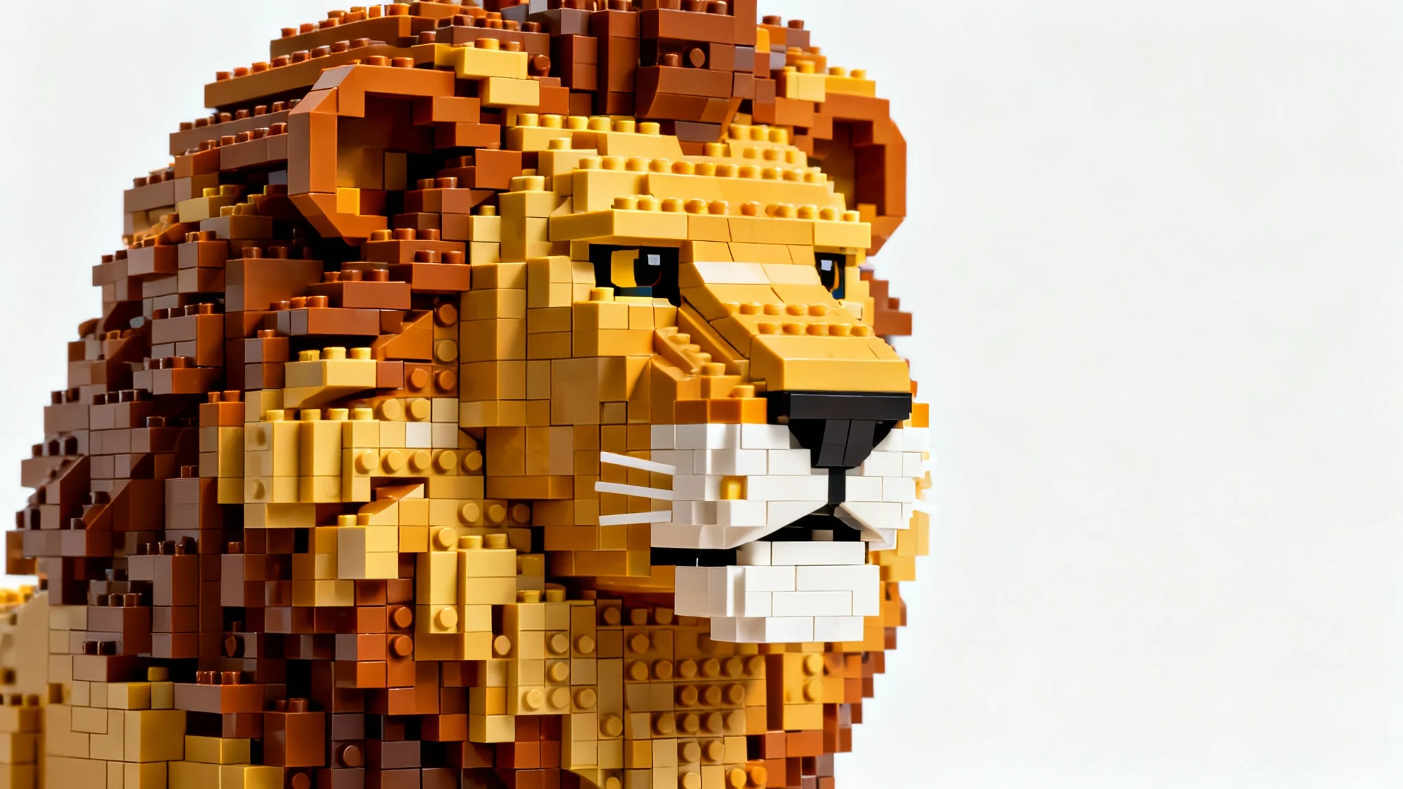 A hyper-realistic image of a lion's head created entirely out of LEGO bricks, shown against a clean white background, demonstrating the final output of a LEGO art generator.