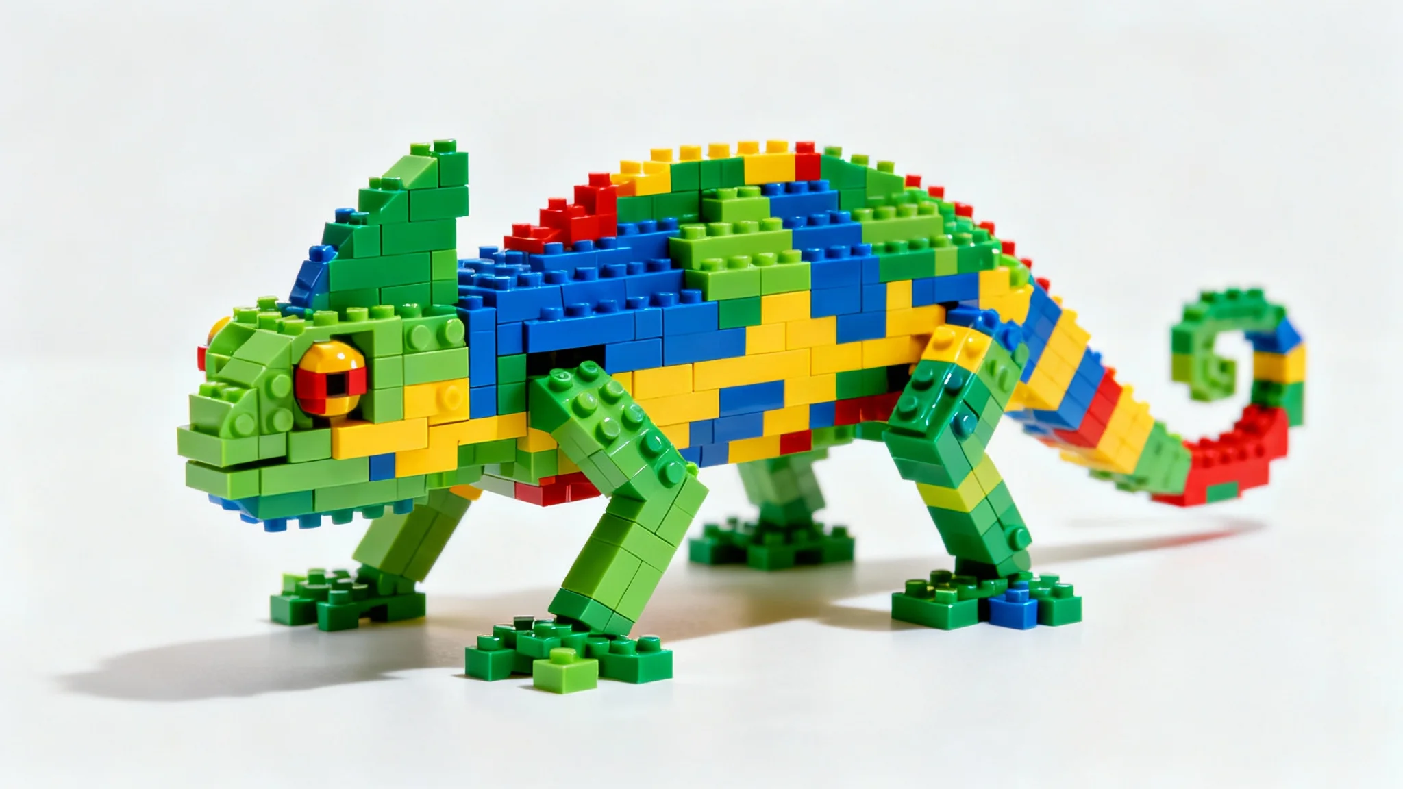 A photorealistic model of a colorful chameleon made entirely out of interlocking plastic toy bricks, set against a clean white background.
