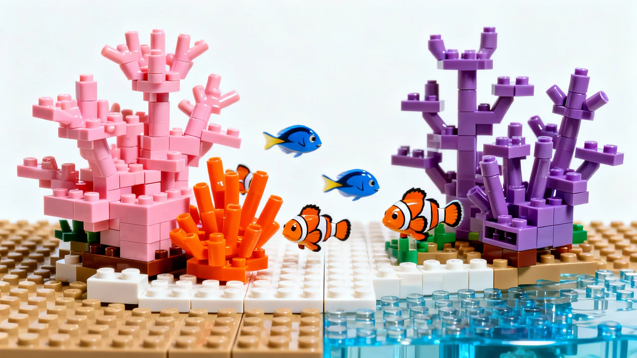 A photorealistic image of a detailed coral reef scene built entirely from colorful Lego bricks, featuring various corals and two small fish, isolated on a white background.