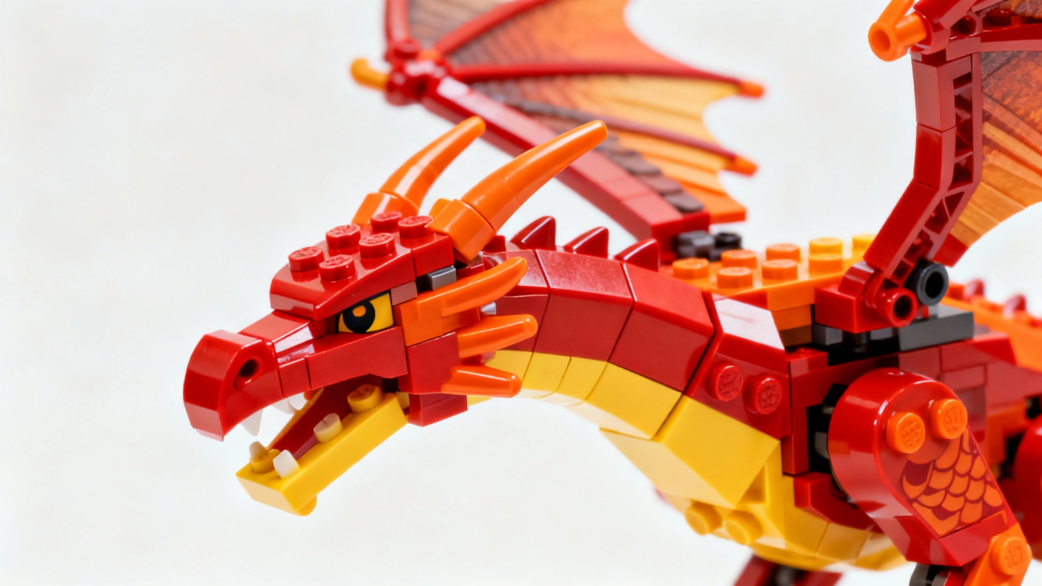 A highly detailed macro photograph of a dragon built from red and orange Lego bricks, roaring against a clean white background in a studio setting.