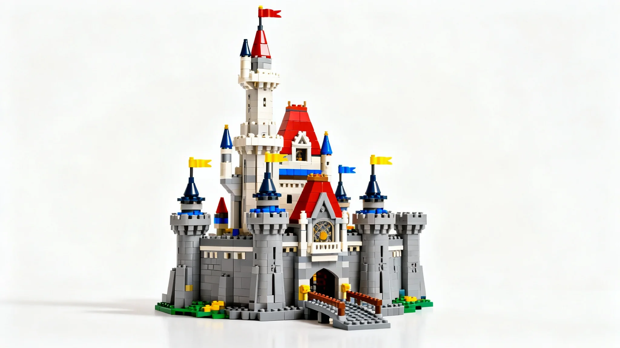 A highly detailed and complex medieval castle made entirely of colorful LEGO bricks, shot in a studio setting against a solid white background.