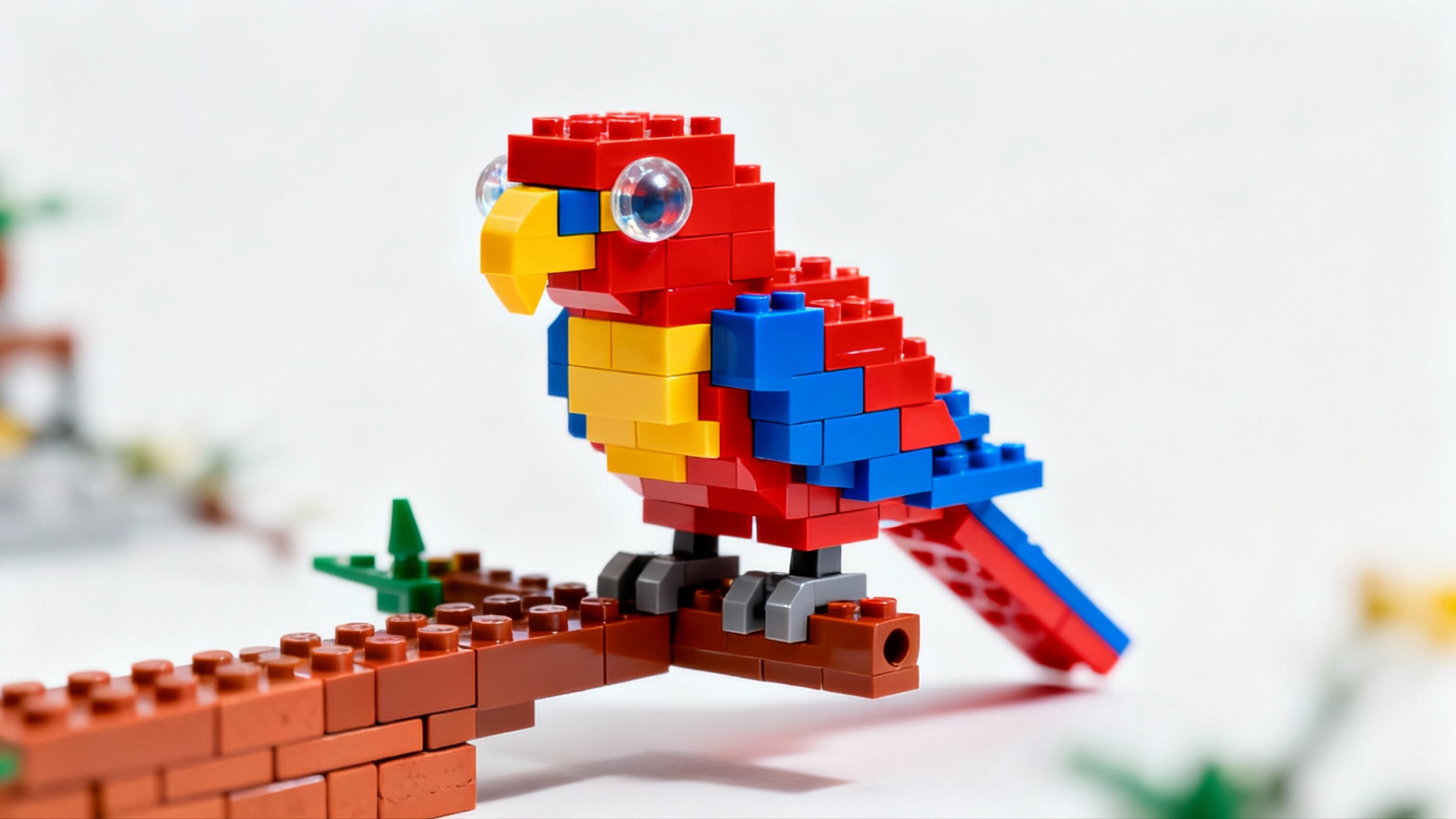 A photorealistic image of a complex, colorful bird made entirely from Lego-style plastic bricks, sitting on a brick-built branch against a clean white background.