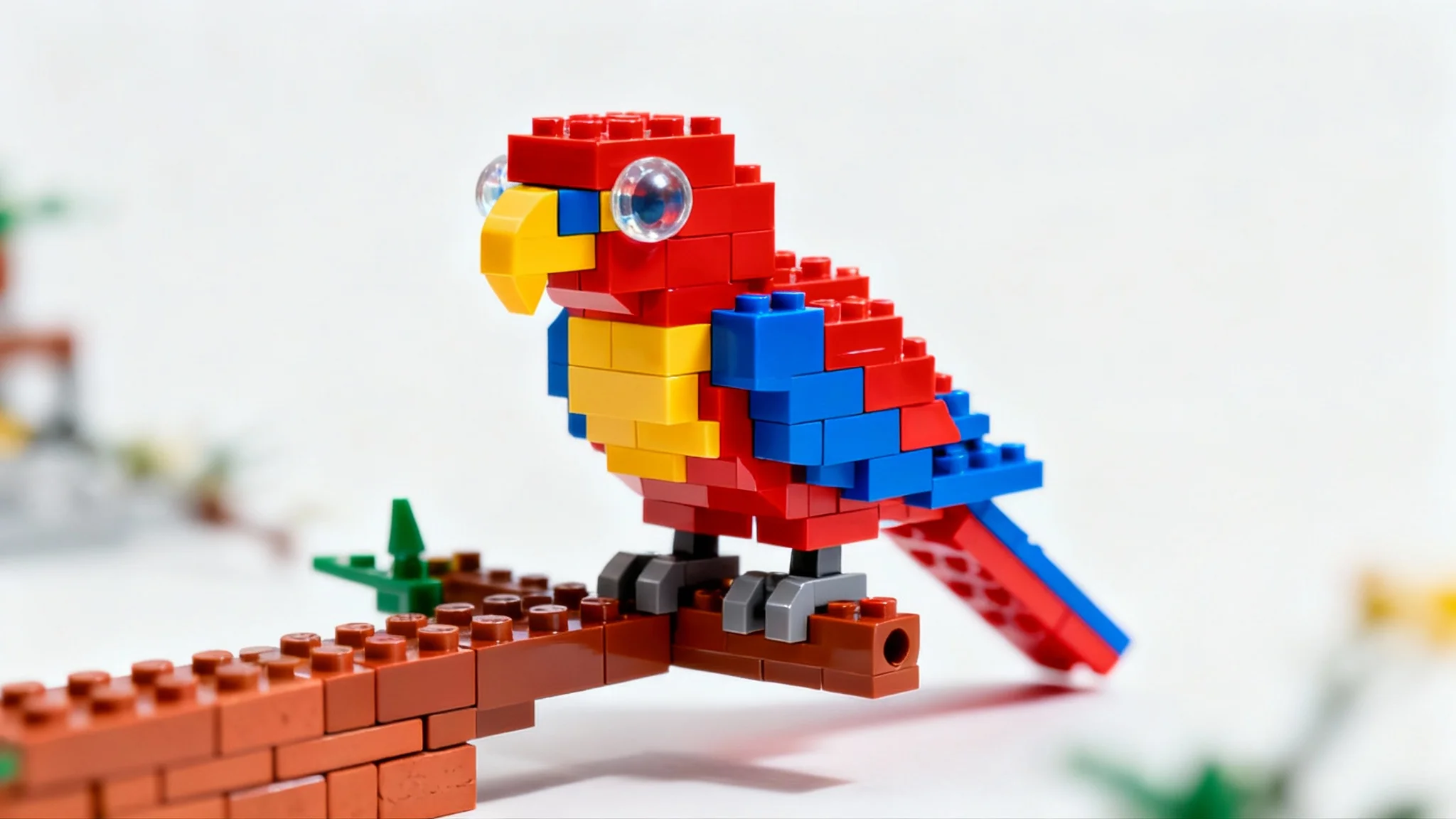 A photorealistic image of a complex, colorful bird made entirely from Lego-style plastic bricks, sitting on a brick-built branch against a clean white background.