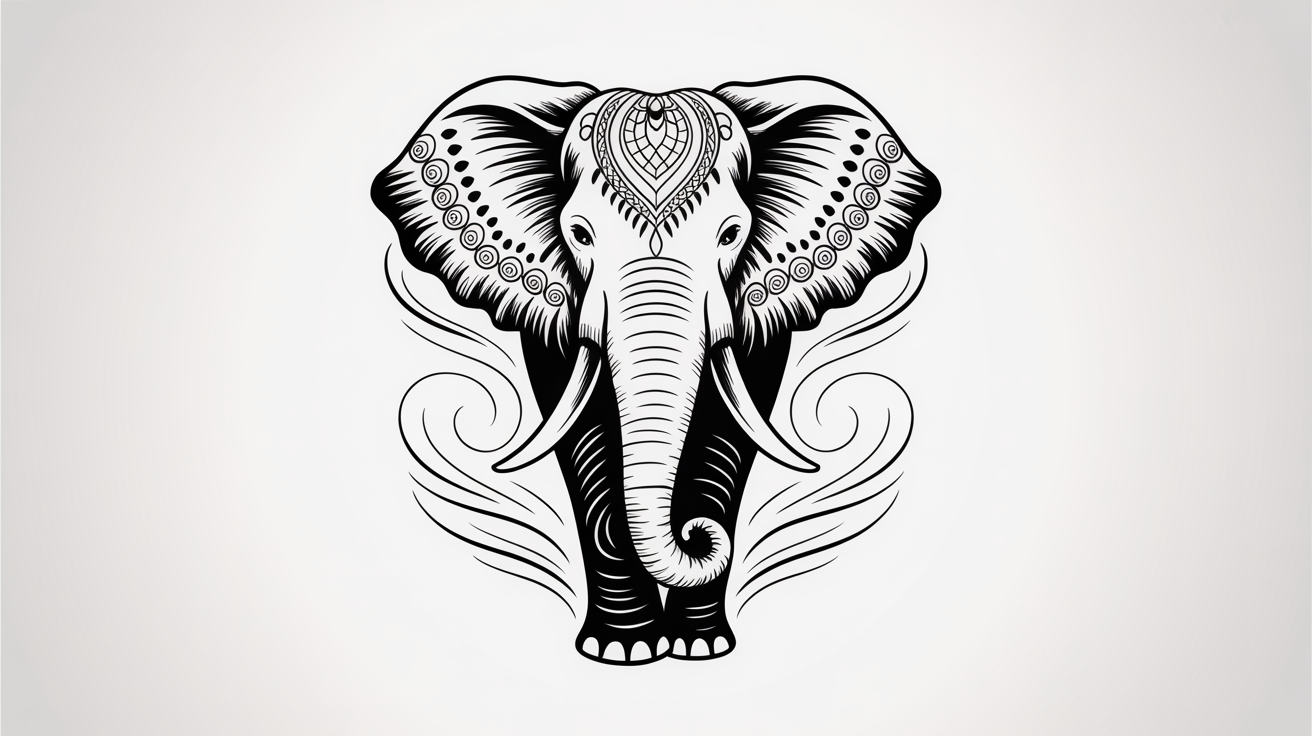 A professional, black and white tattoo design of an elephant, featuring intricate tribal, floral, and mandala patterns, on a clean white background.
