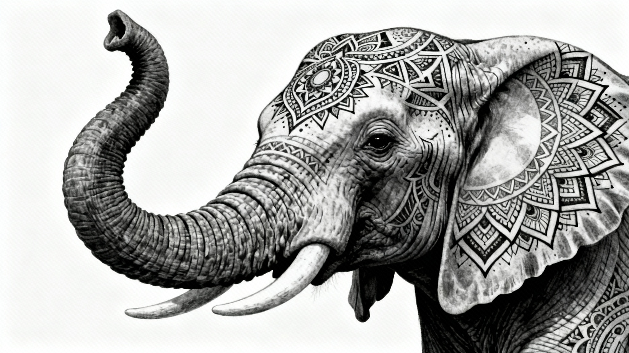 A detailed black ink tattoo design of an elephant's head decorated with intricate mandala patterns, presented on a clean white background.