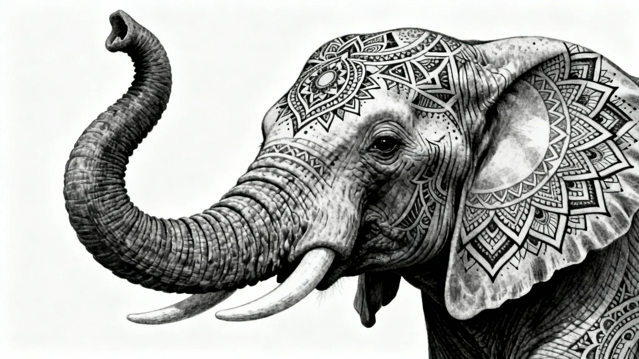 A detailed black ink tattoo design of an elephant's head decorated with intricate mandala patterns, presented on a clean white background.