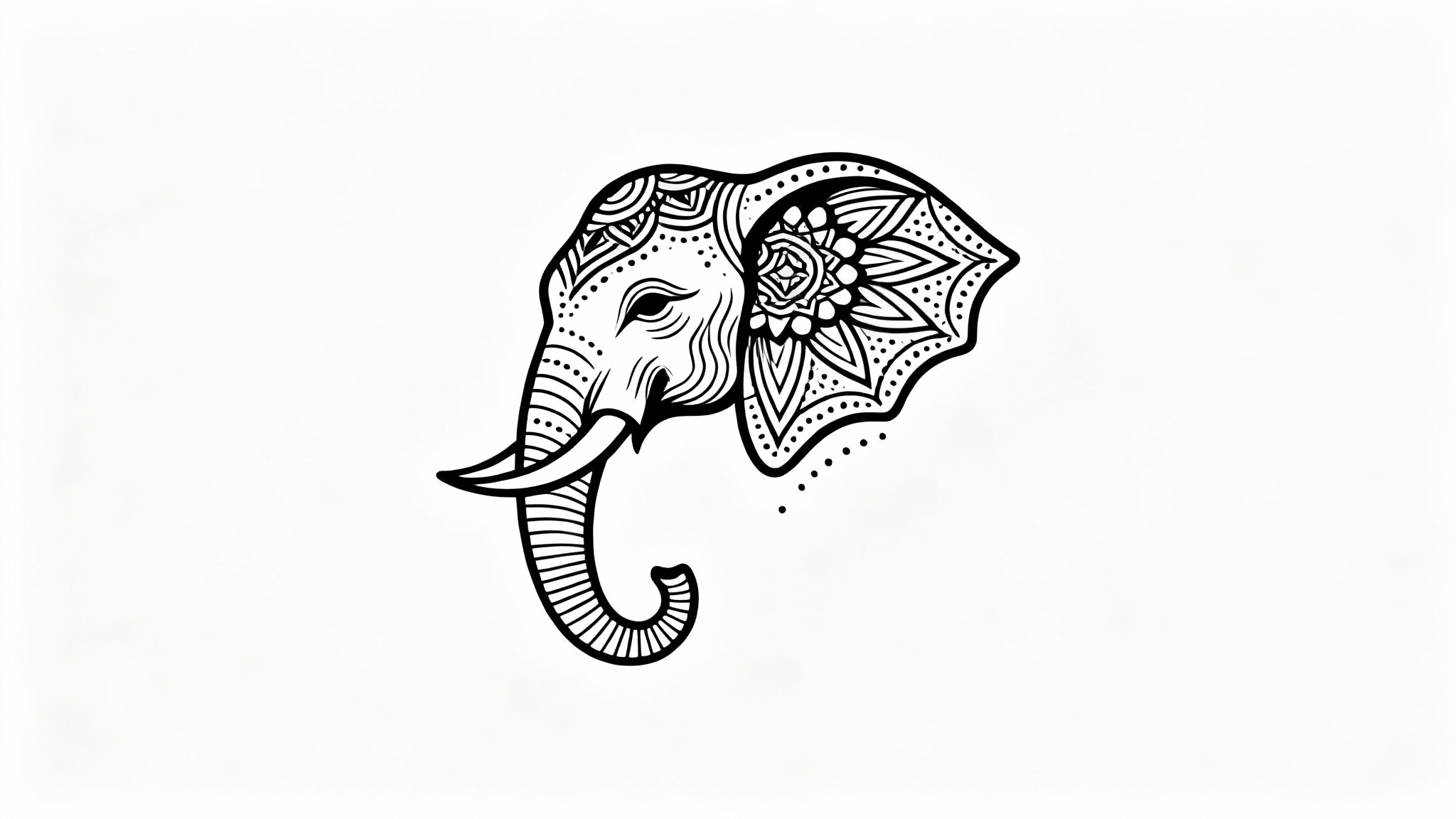 A modern, fine-line black ink tattoo design of an elephant with geometric and mandala patterns, presented as a mockup on a clean white background.