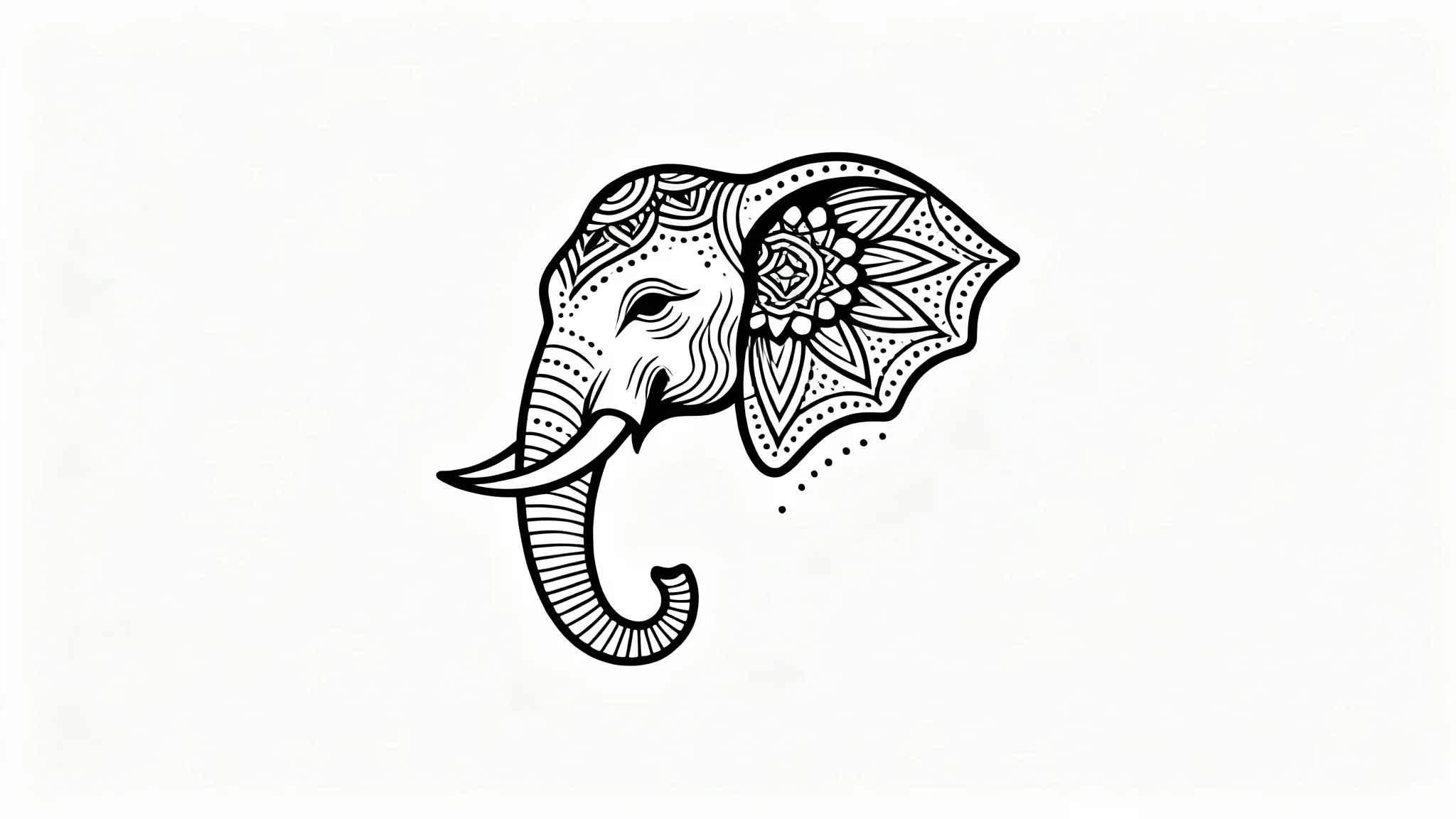 A modern, fine-line black ink tattoo design of an elephant with geometric and mandala patterns, presented as a mockup on a clean white background.