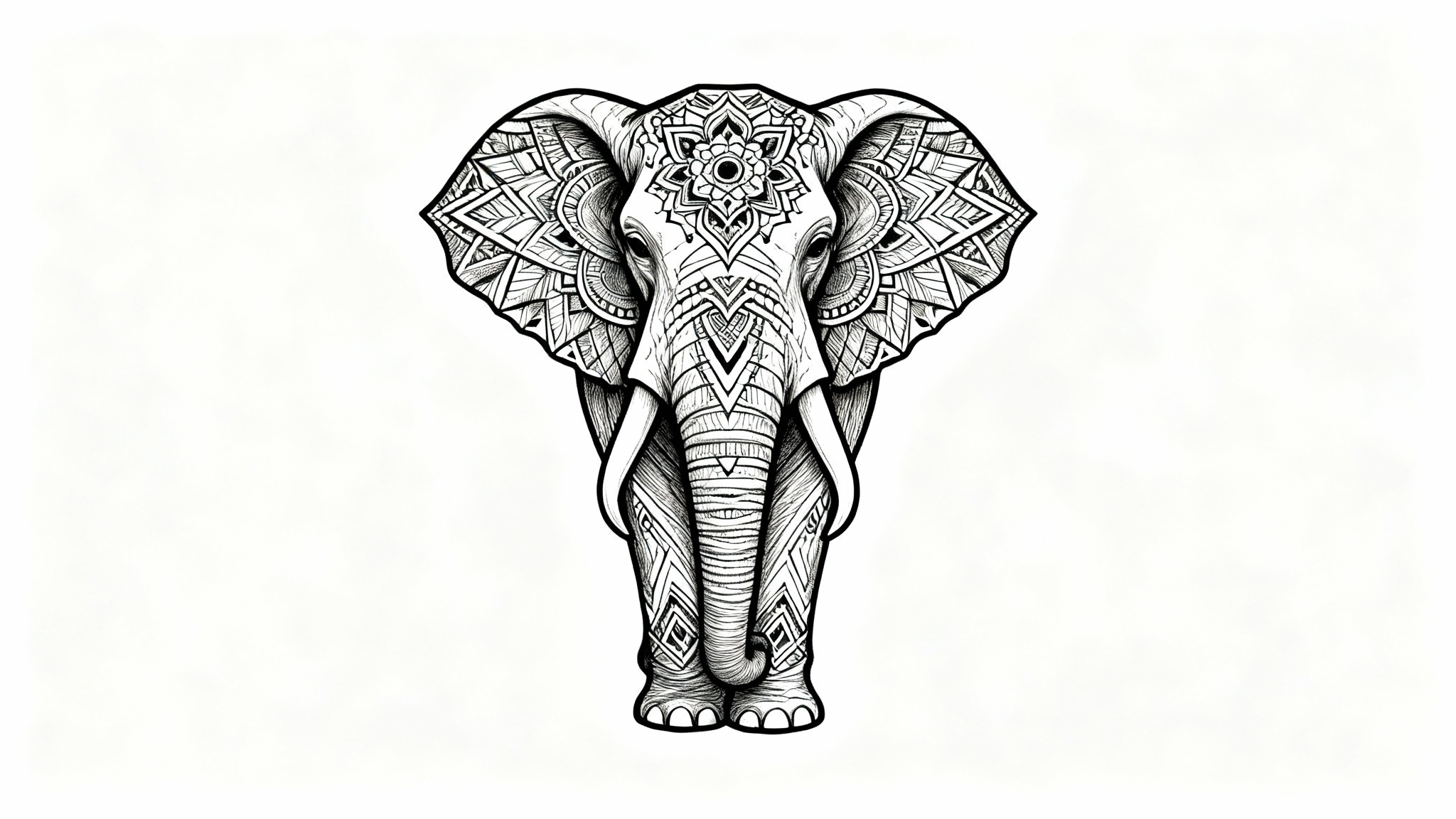 An intricate, fine-line black ink elephant tattoo design with geometric and mandala patterns, displayed as a mockup on a plain white background.