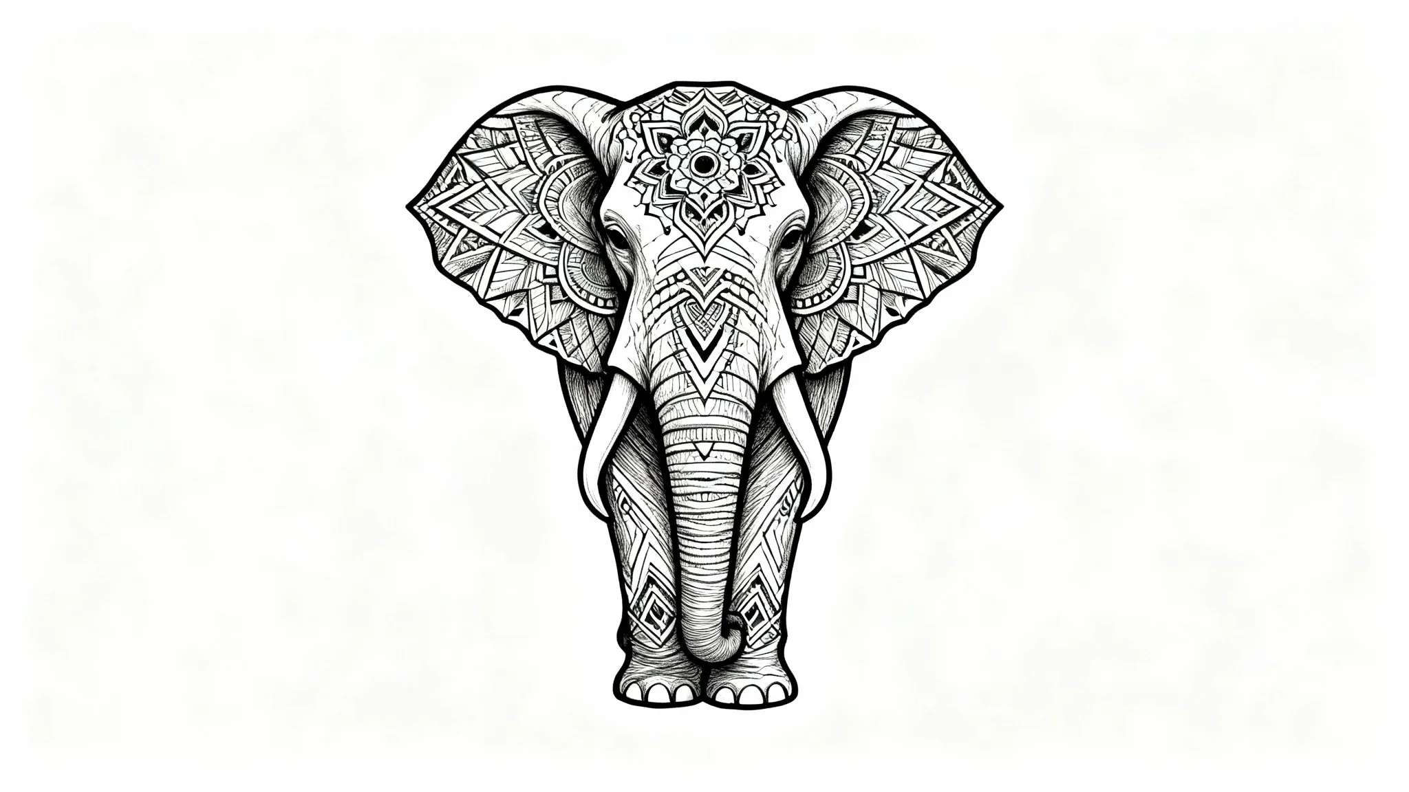 An intricate, fine-line black ink elephant tattoo design with geometric and mandala patterns, displayed as a mockup on a plain white background.