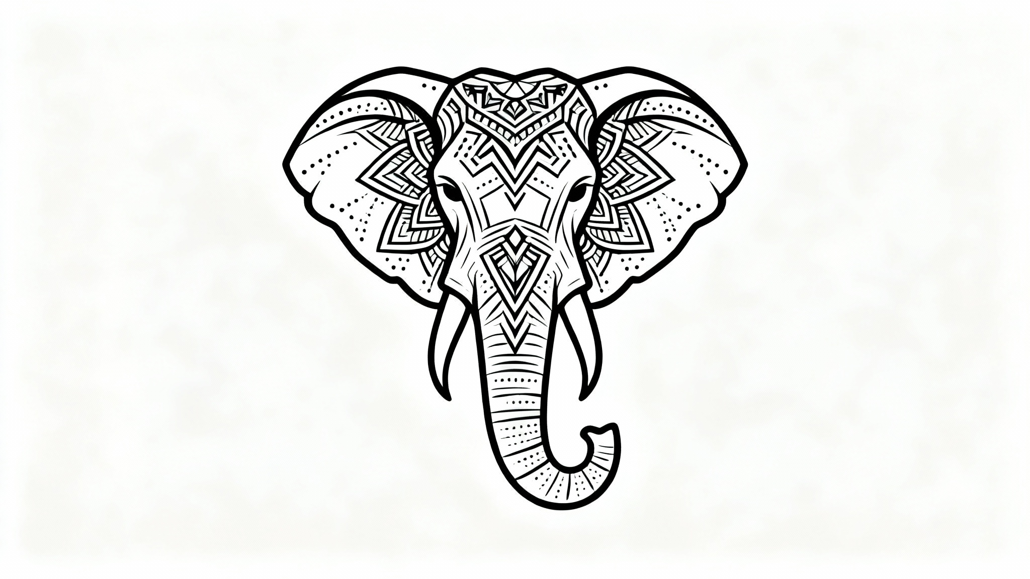 A black and white minimalist tattoo design of an elephant's head, decorated with intricate geometric and mandala patterns, displayed on a clean white background.