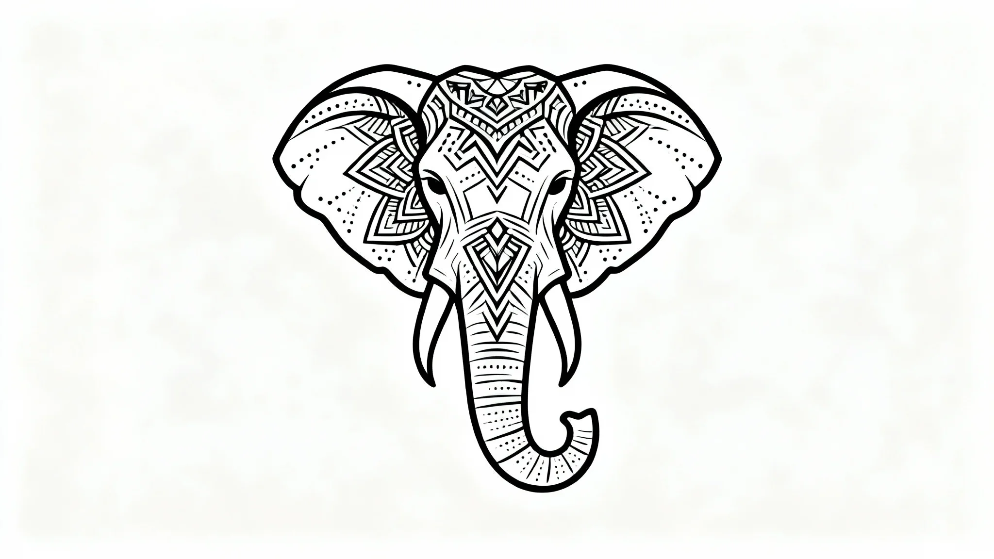 A black and white minimalist tattoo design of an elephant's head, decorated with intricate geometric and mandala patterns, displayed on a clean white background.