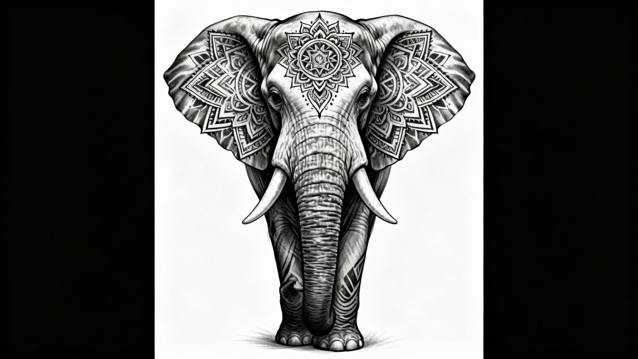 A black and grey tattoo design of an elephant's head, detailed with intricate mandala patterns, presented as a mockup on a plain white background.