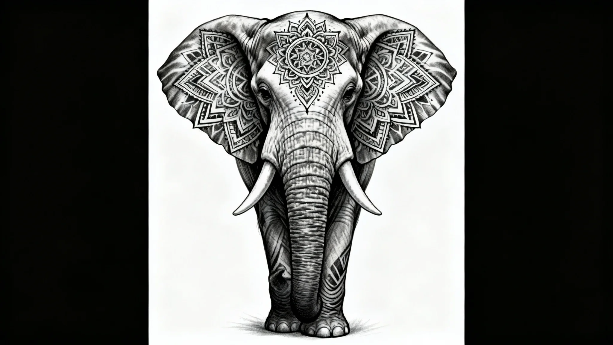 A black and grey tattoo design of an elephant's head, detailed with intricate mandala patterns, presented as a mockup on a plain white background.