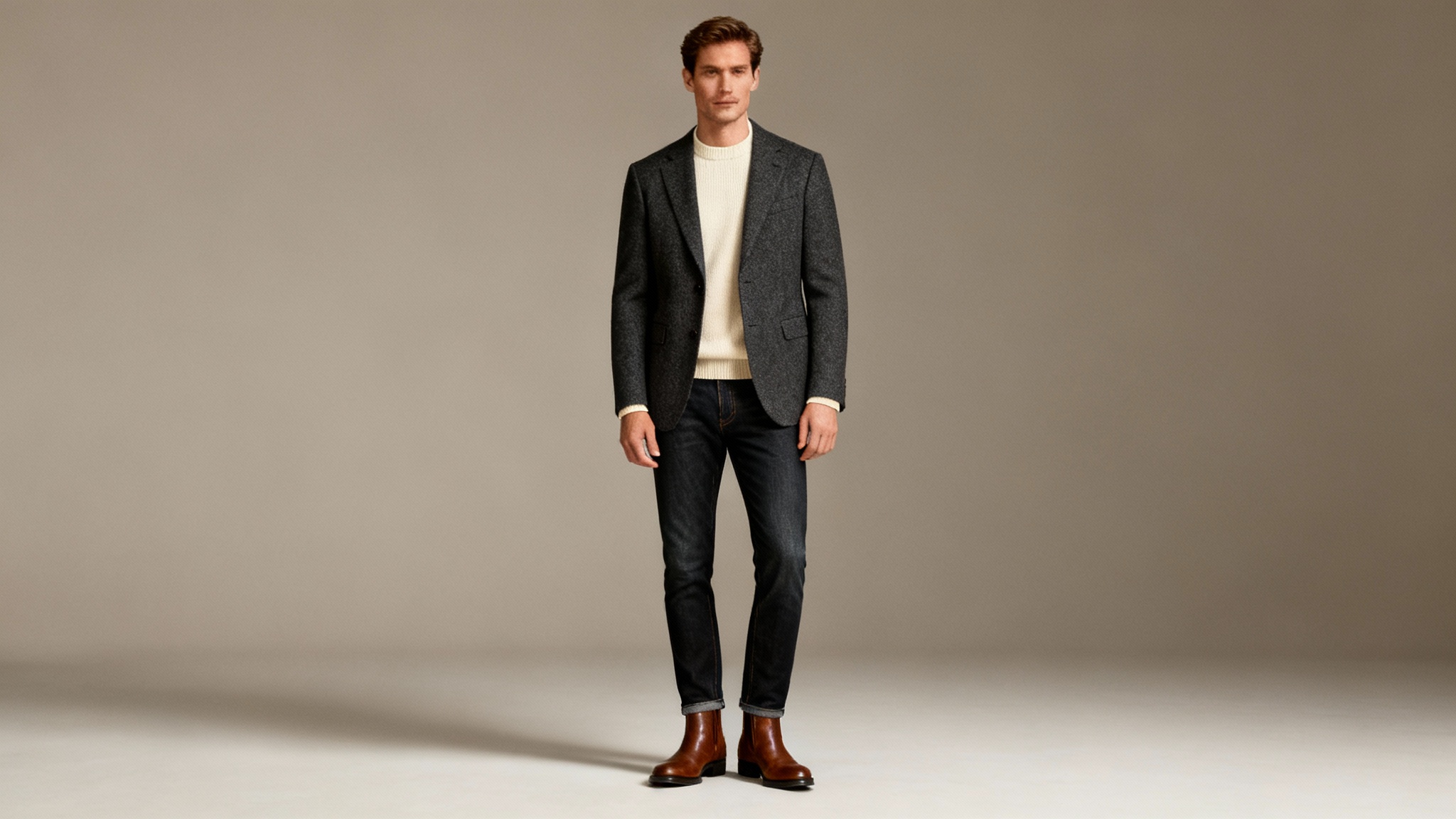 A man modeling a stylish men's outfit consisting of a charcoal blazer, cream sweater, and dark jeans against a minimal studio background.