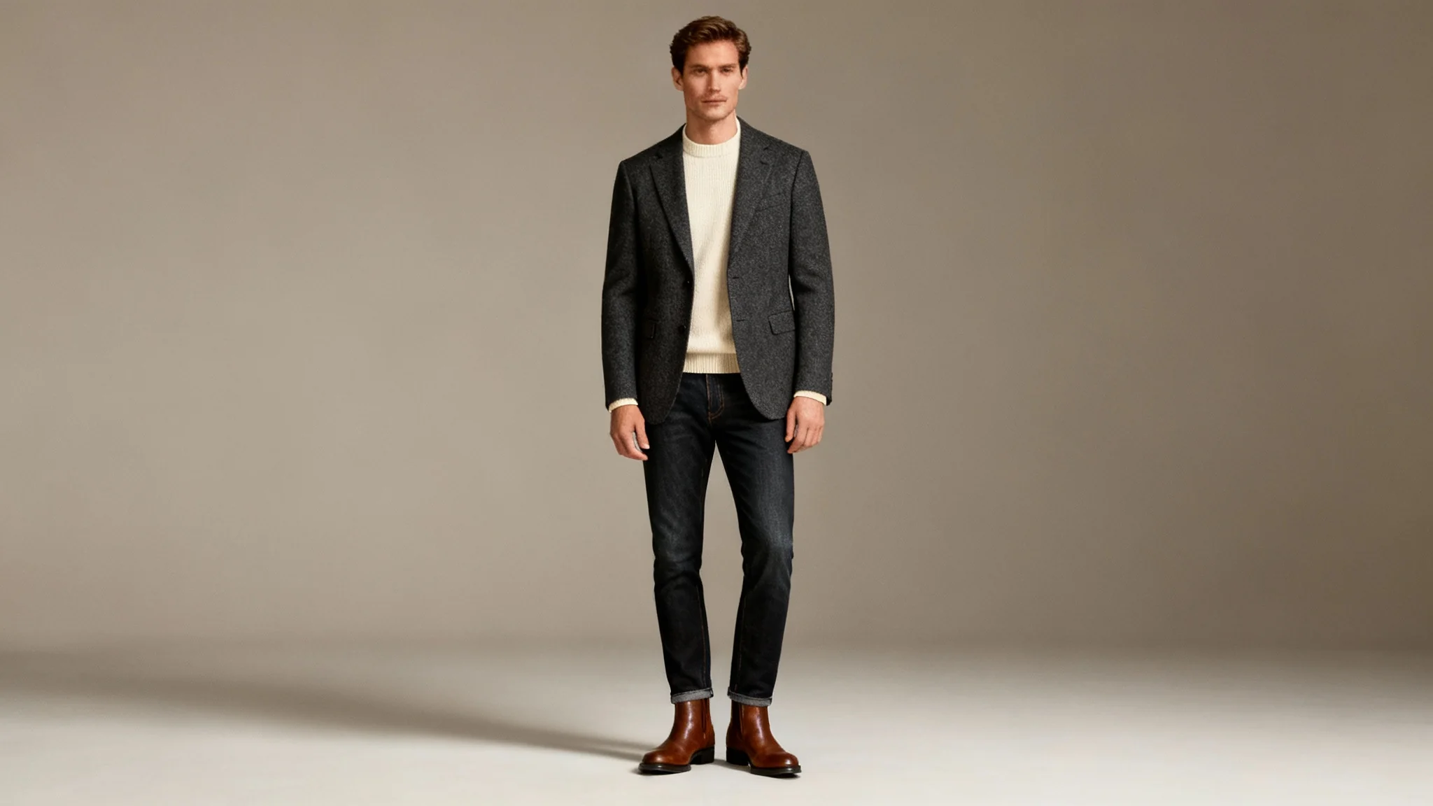 A man modeling a stylish men's outfit consisting of a charcoal blazer, cream sweater, and dark jeans against a minimal studio background.