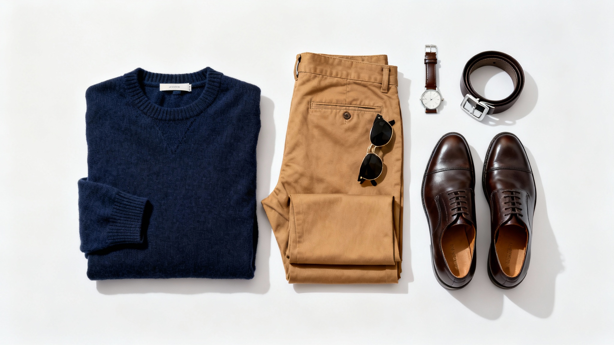 A flat lay of a men's outfit on a white background, featuring a navy sweater, tan chinos, brown leather shoes, and matching accessories like a belt and watch.