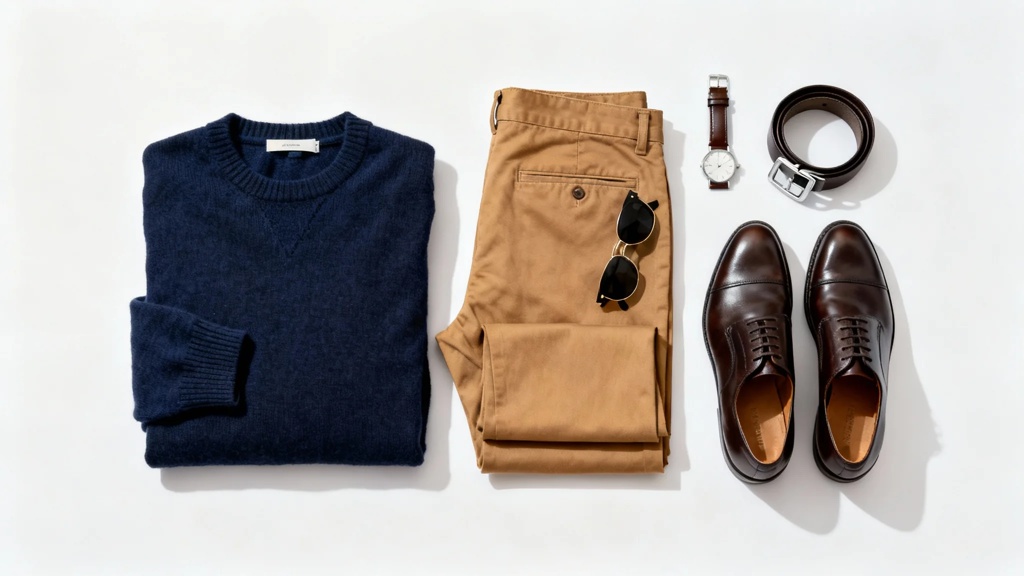 A flat lay of a men's outfit on a white background, featuring a navy sweater, tan chinos, brown leather shoes, and matching accessories like a belt and watch.
