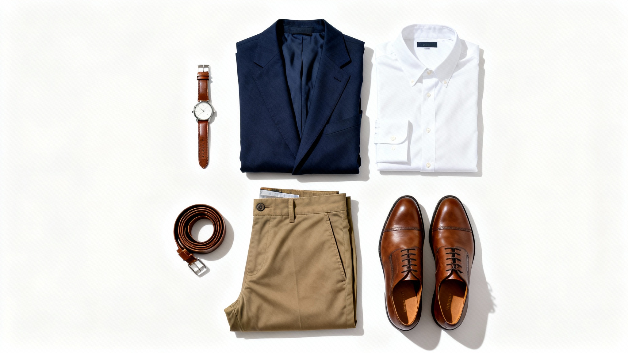 A flat lay of a complete men's smart-casual outfit, including a navy blazer, white shirt, khaki chinos, and brown leather accessories, arranged on a white background.