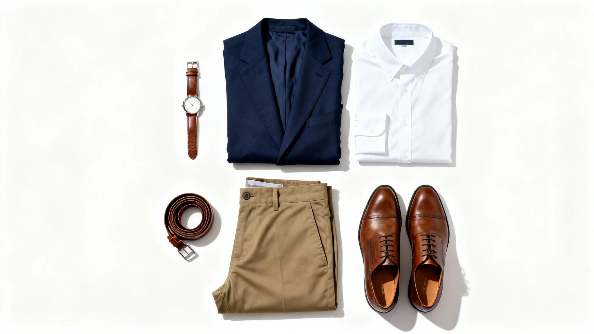 A flat lay of a complete men's smart-casual outfit, including a navy blazer, white shirt, khaki chinos, and brown leather accessories, arranged on a white background.