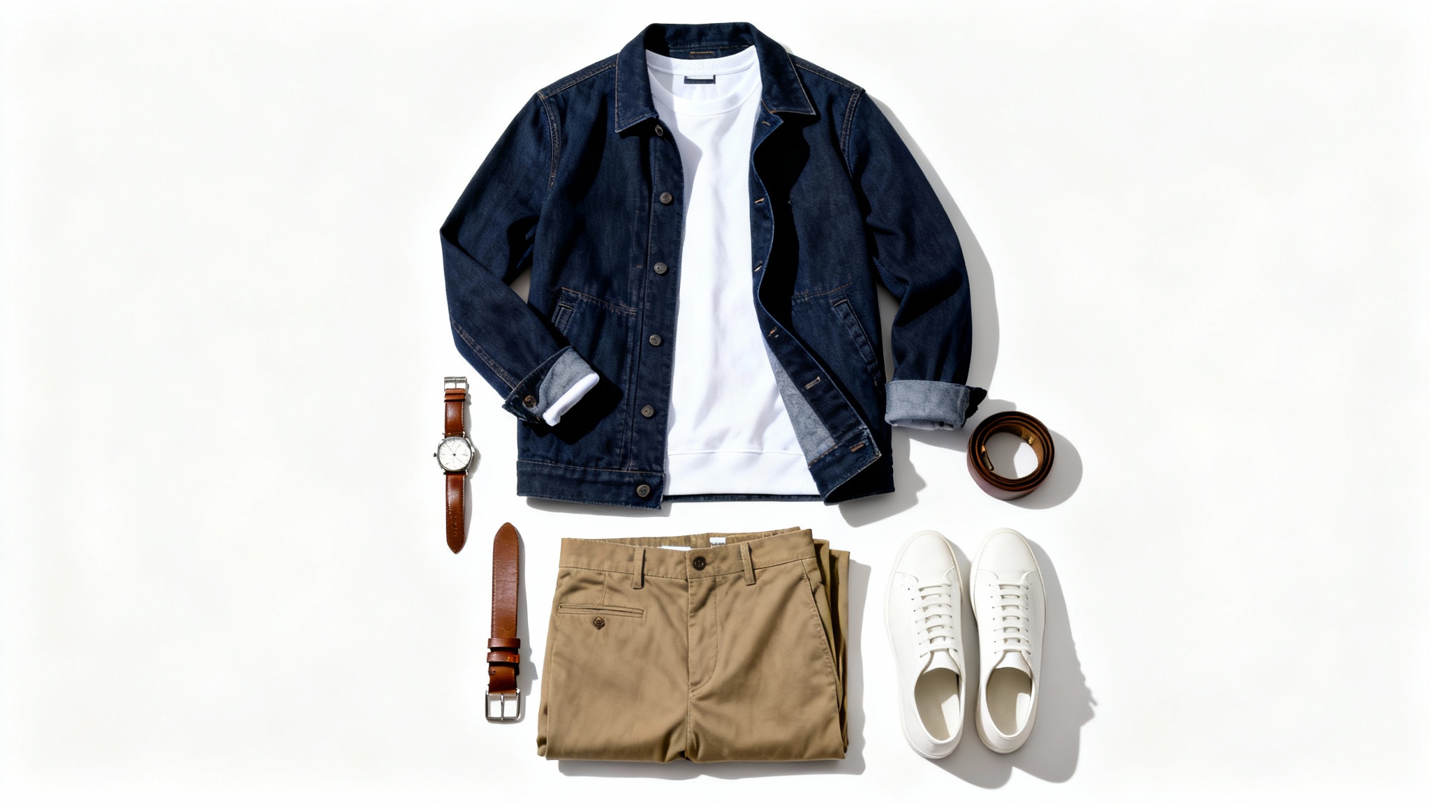 A flat lay of a men's outfit featuring a navy denim jacket, white t-shirt, khaki chinos, and white sneakers, styled with a leather belt and watch on a white background.