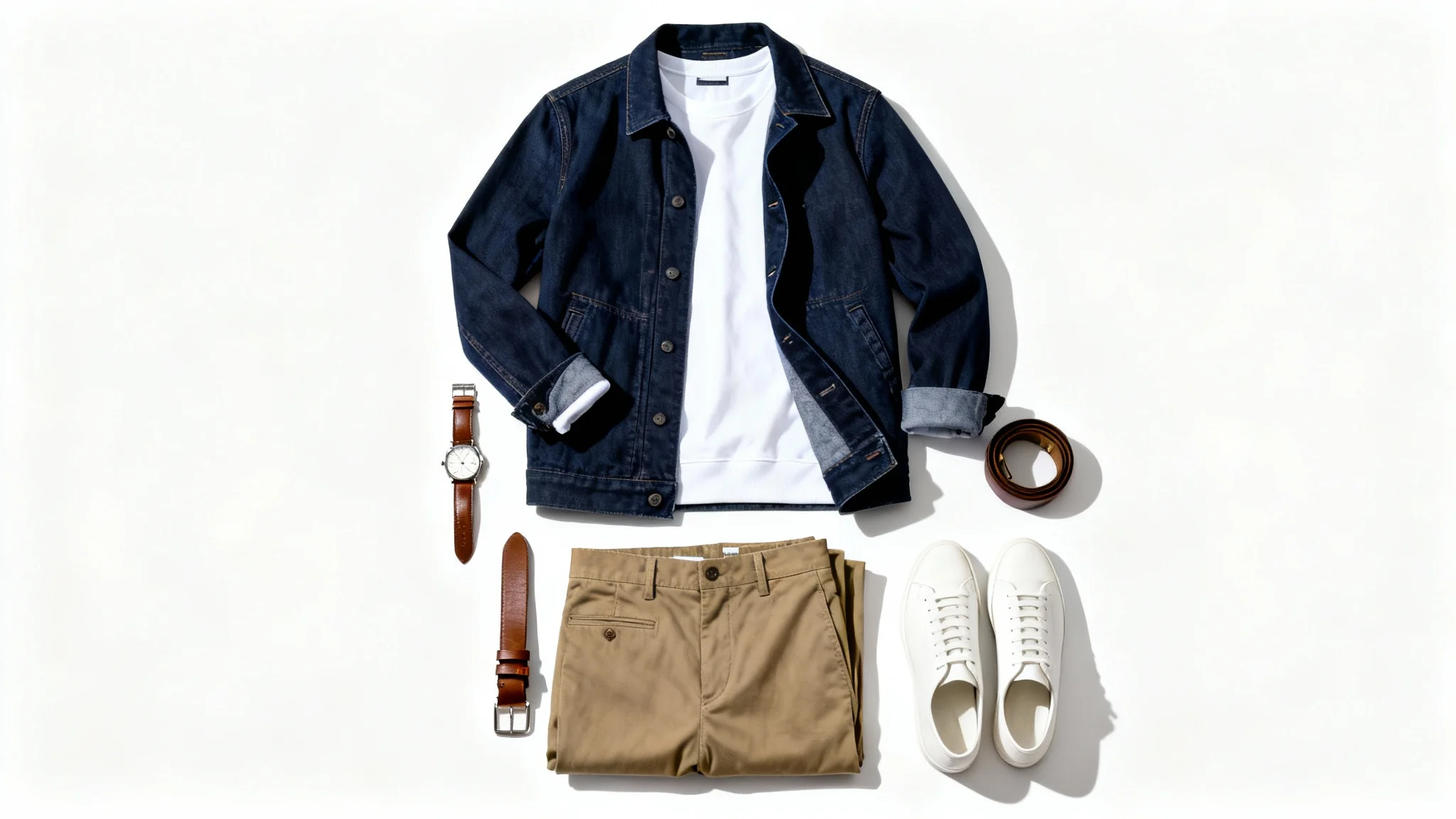 A flat lay of a men's outfit featuring a navy denim jacket, white t-shirt, khaki chinos, and white sneakers, styled with a leather belt and watch on a white background.