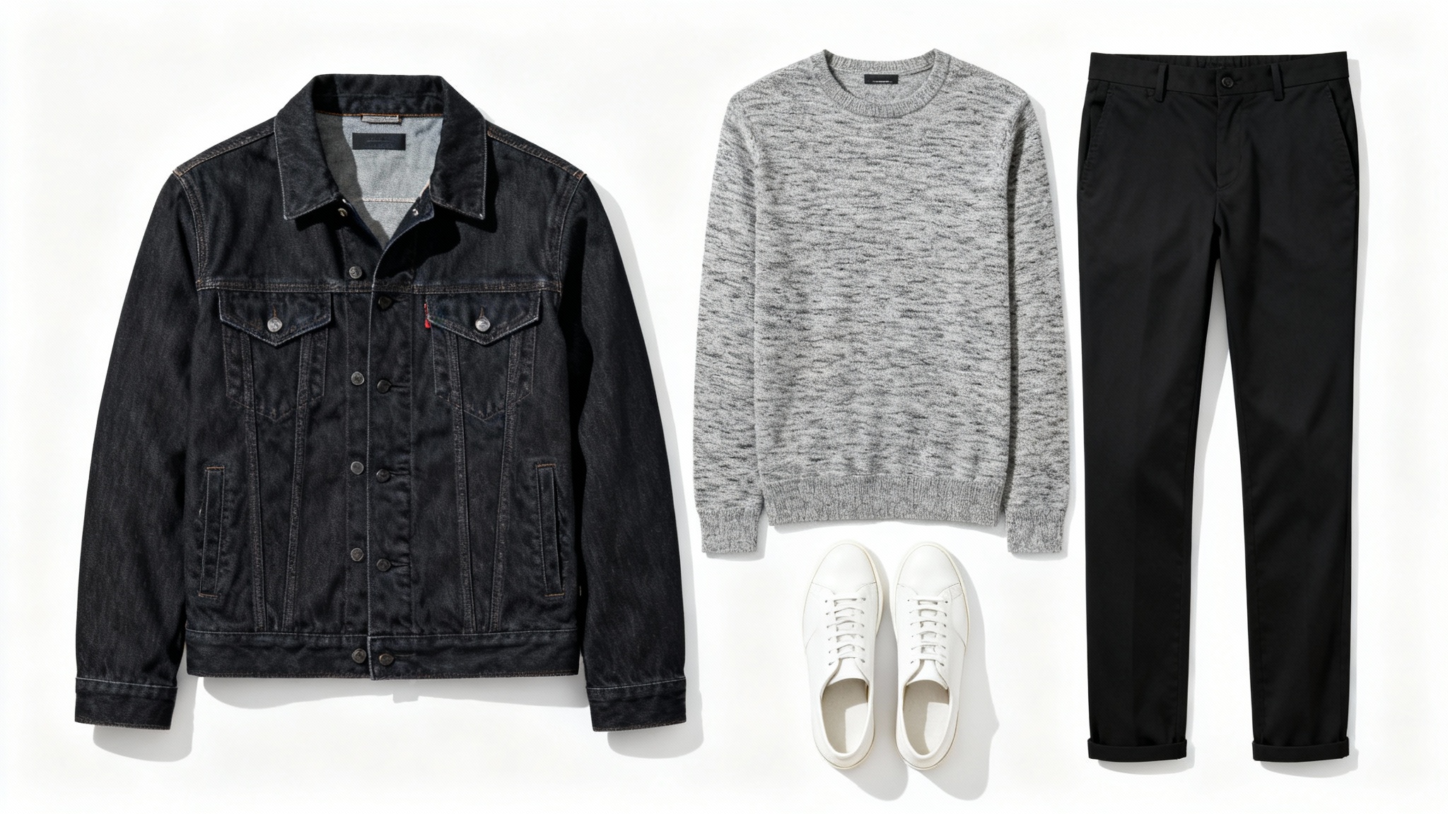 A flat lay of a modern men's outfit, featuring a denim jacket, grey sweater, black chinos, and white sneakers, neatly arranged on a white background.