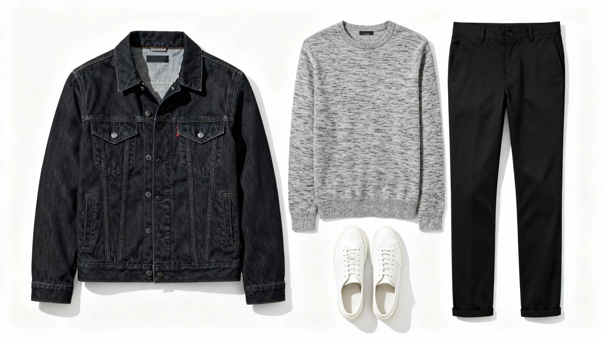 A flat lay of a modern men's outfit, featuring a denim jacket, grey sweater, black chinos, and white sneakers, neatly arranged on a white background.