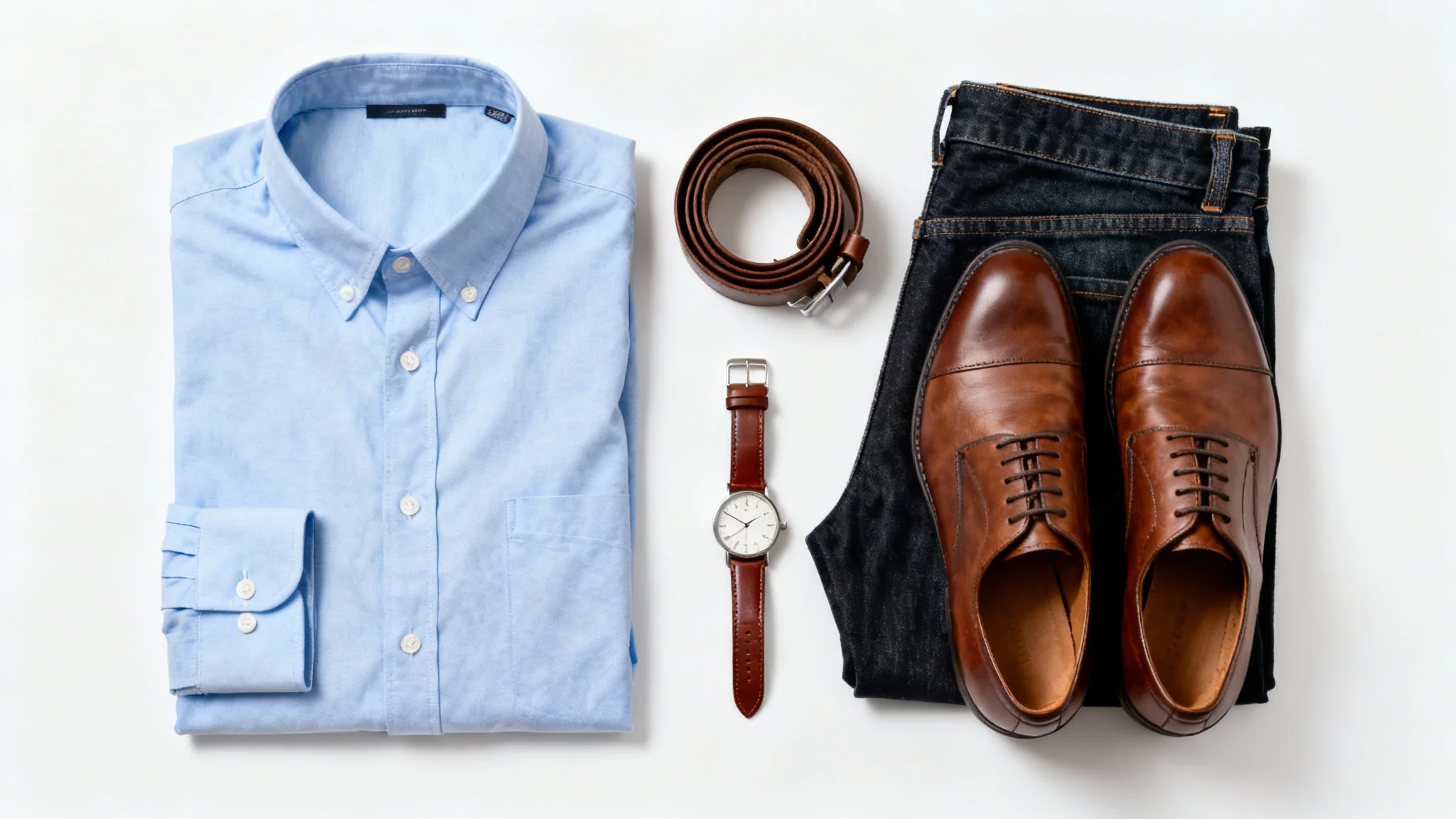 A stylish men's outfit laid flat on a white background, including a light blue shirt, dark jeans, brown leather shoes, a matching belt, and a watch.