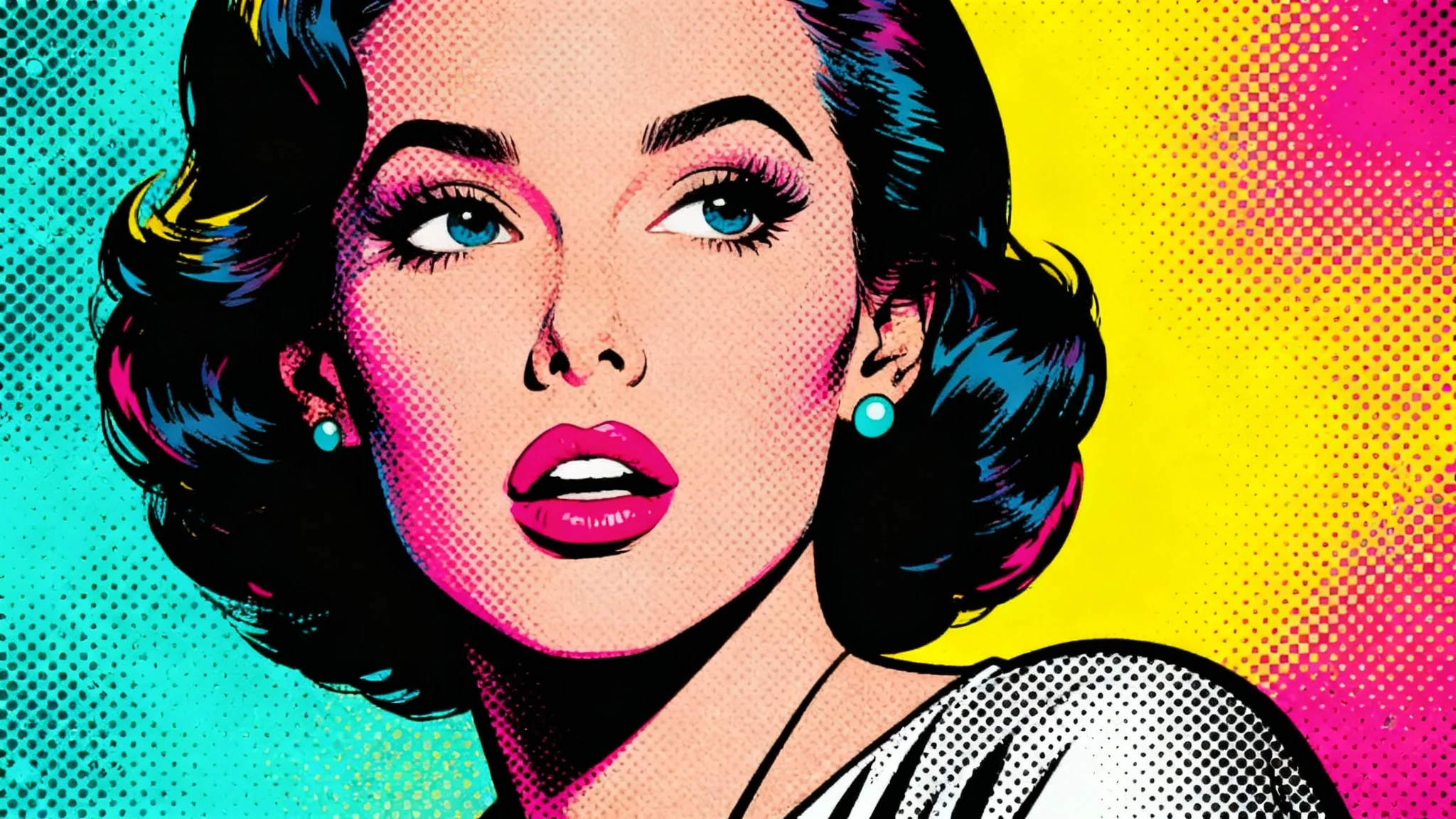 A vibrant pop art portrait of a woman, created using a colorful CMYK halftone dot effect, giving it a retro comic book look on a solid background.