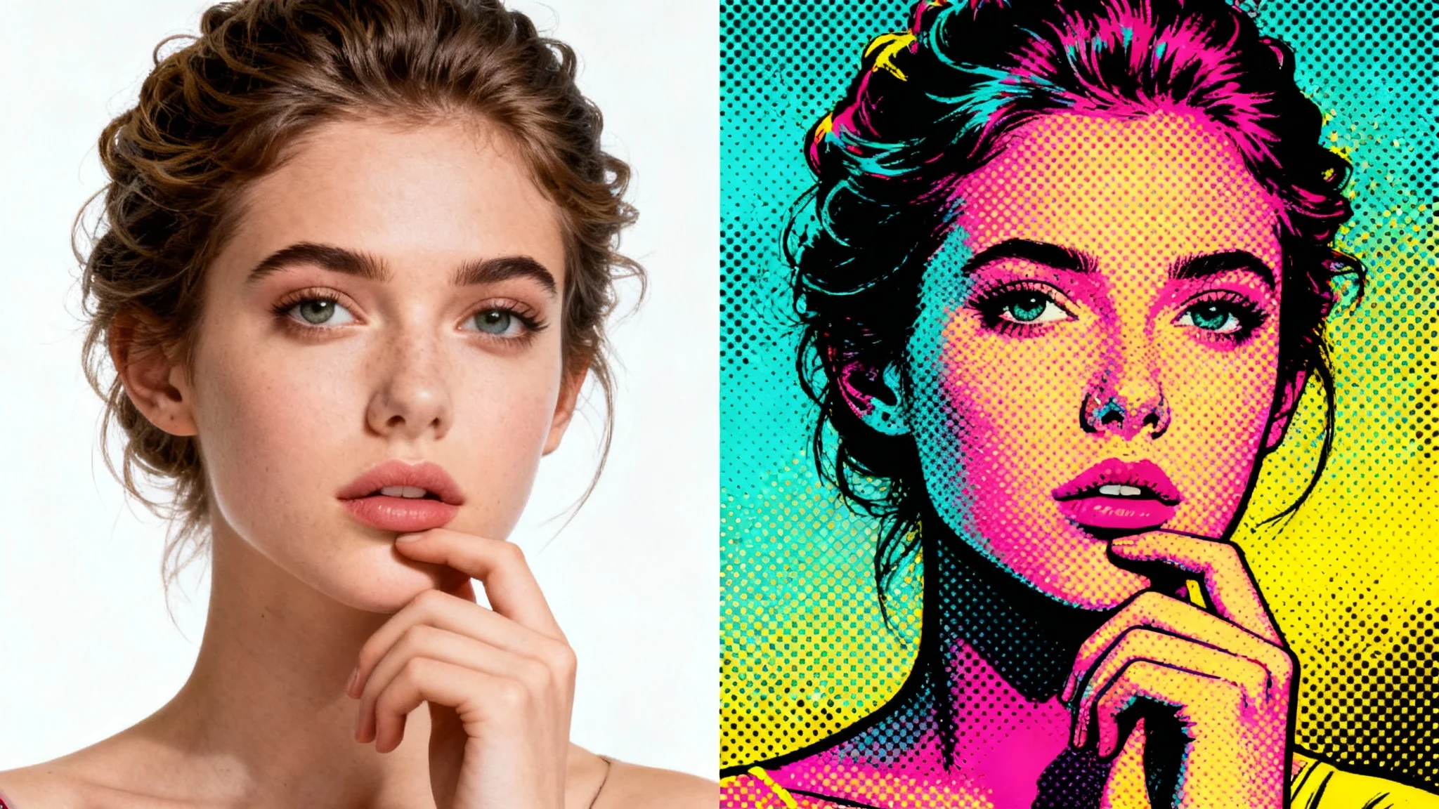A before-and-after image showing a halftone effect. The left side is a realistic portrait of a woman, and the right side shows the same portrait transformed into a pattern of colored dots, in a pop art style.