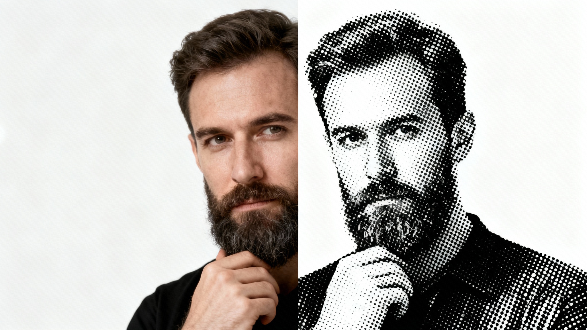 A split image demonstrating a halftone effect on a man's portrait. The left side is a realistic color photo, while the right side is the same image rendered in black and white halftone dots.