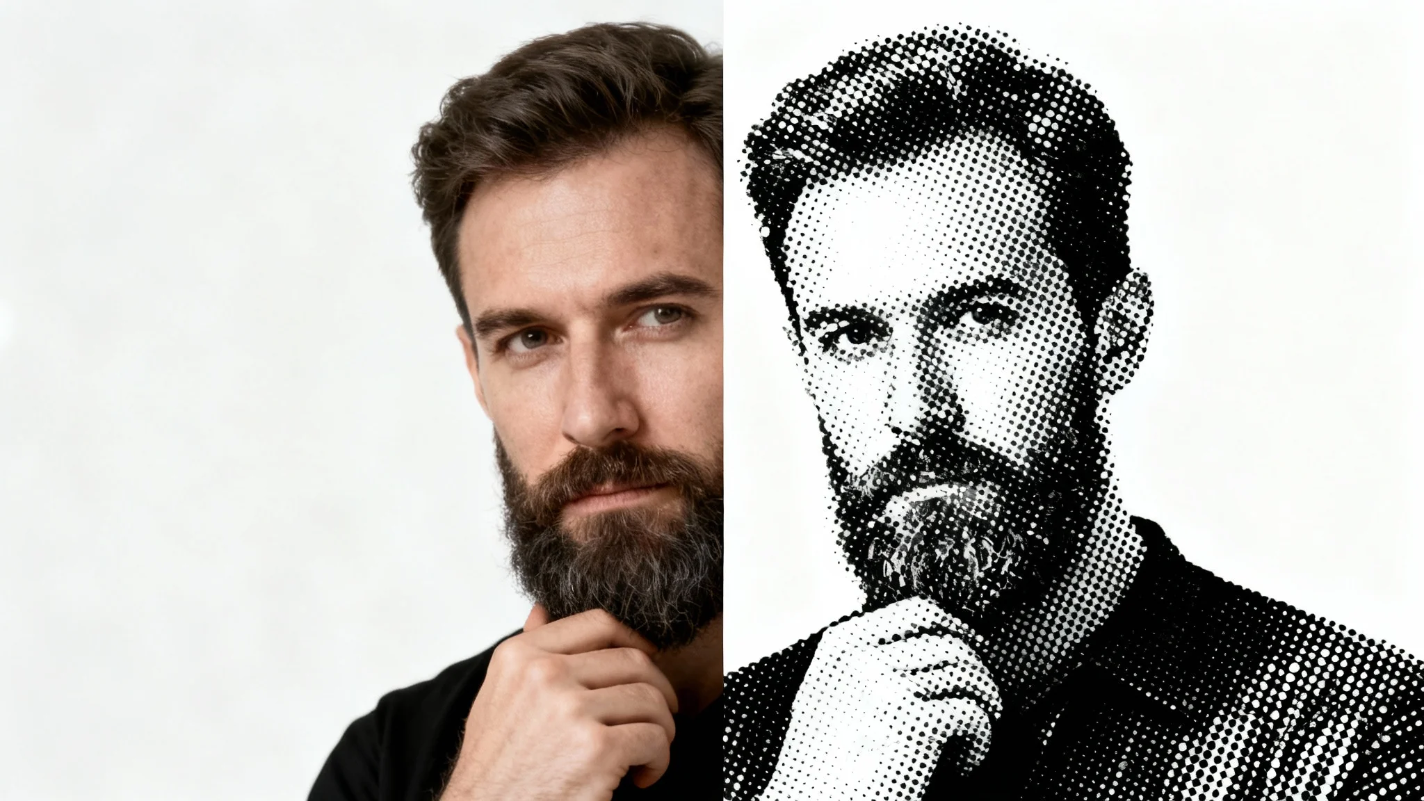 A split image demonstrating a halftone effect on a man's portrait. The left side is a realistic color photo, while the right side is the same image rendered in black and white halftone dots.