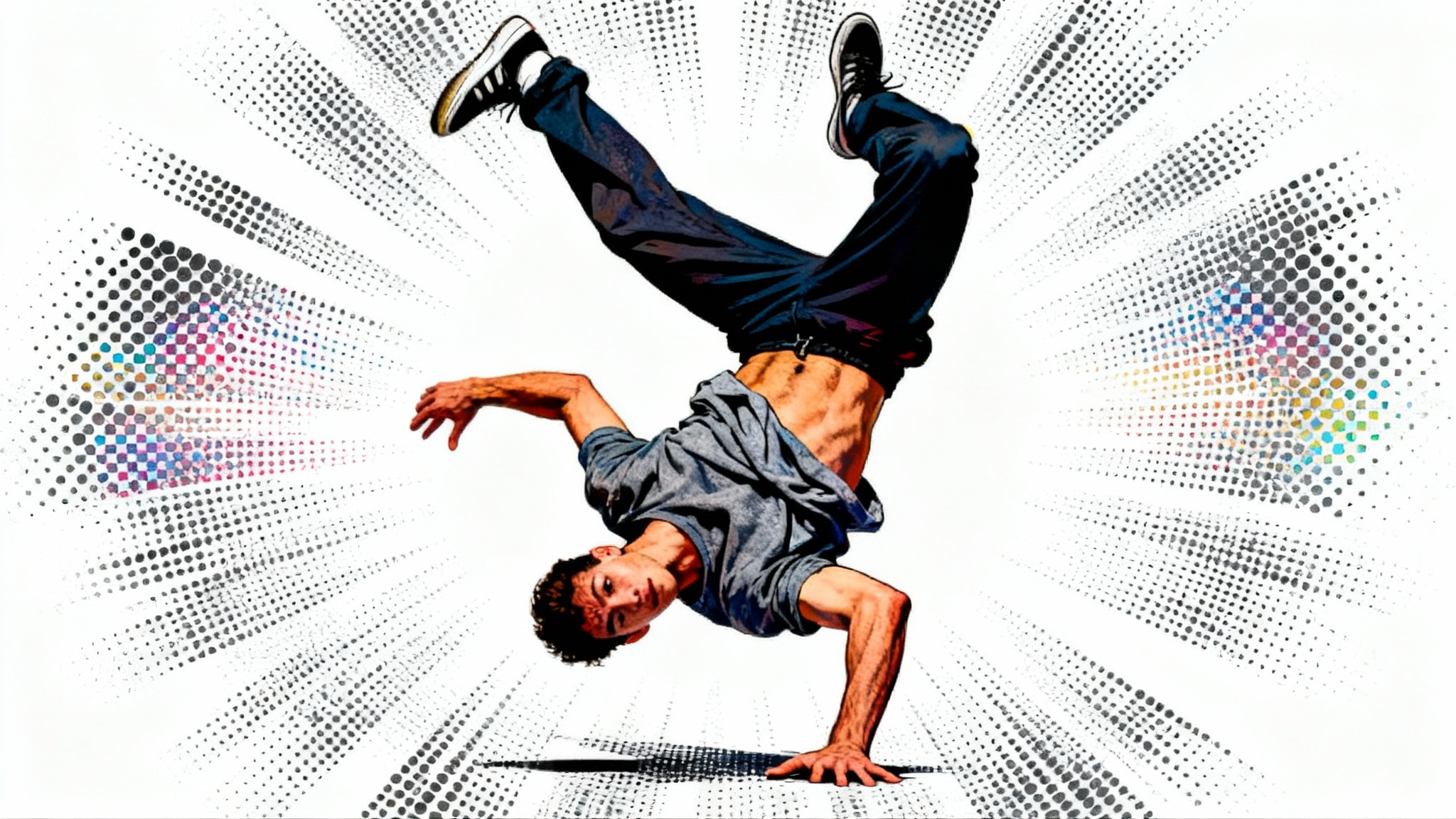 An image demonstrating a halftone effect on a photo of a breakdancer. The center of the image is a clear photograph, which transitions outwards into a pattern of colored dots, typical of the pop-art halftone style, against a white background.
