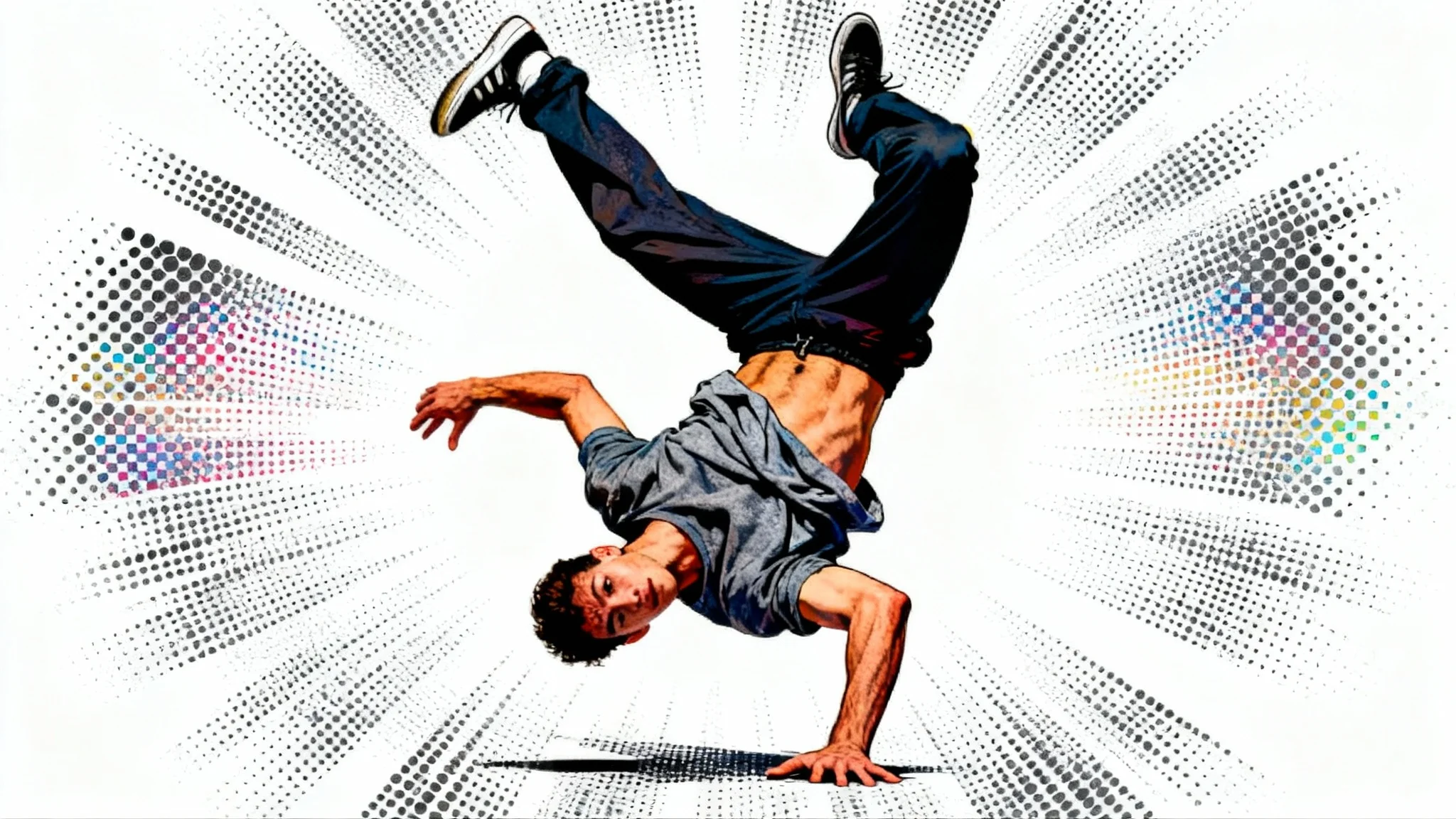 An image demonstrating a halftone effect on a photo of a breakdancer. The center of the image is a clear photograph, which transitions outwards into a pattern of colored dots, typical of the pop-art halftone style, against a white background.