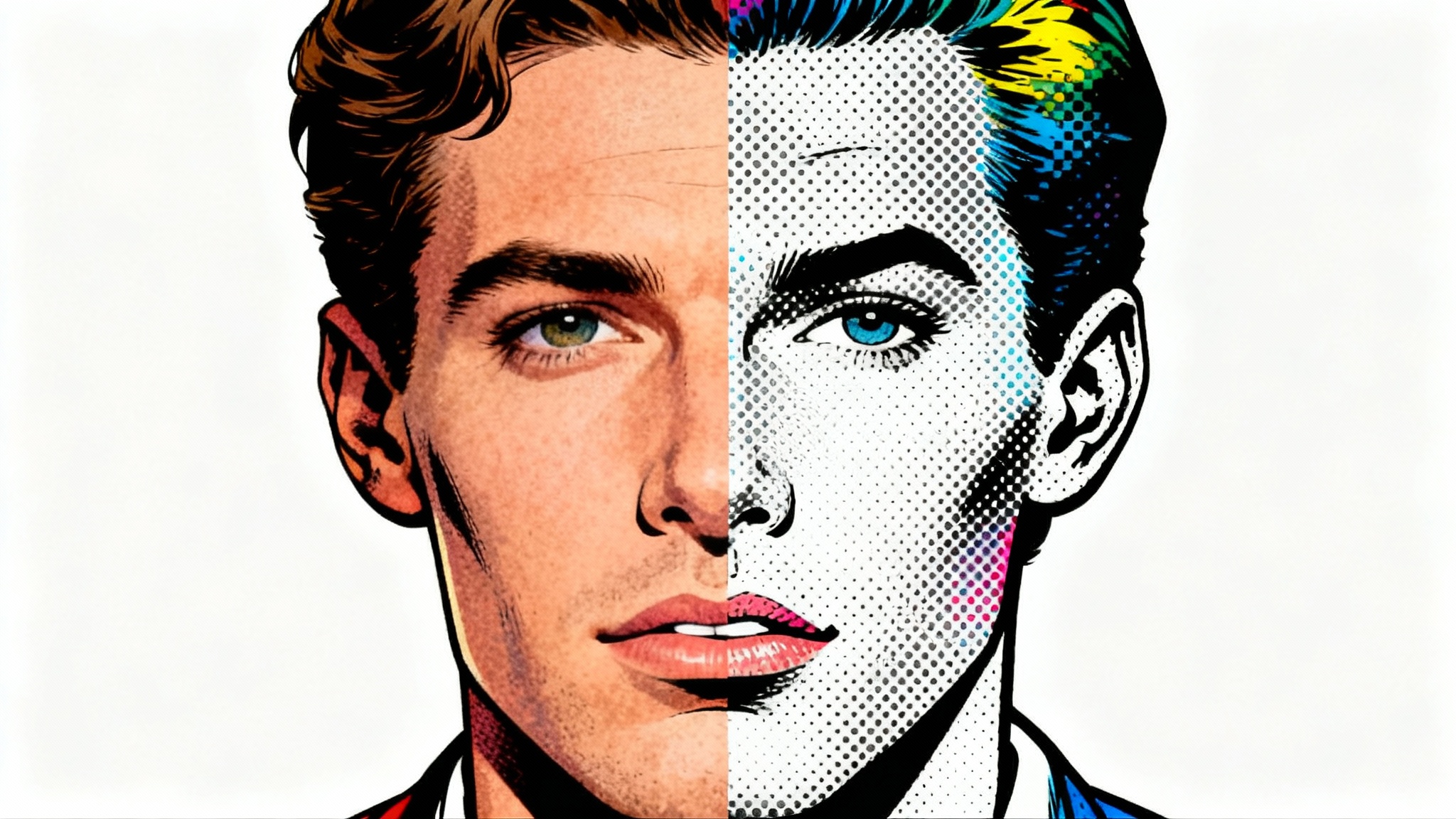 A conceptual image showing a portrait of a person split in half to demonstrate a halftone effect. One side is a realistic photo, the other is made of colored dots.