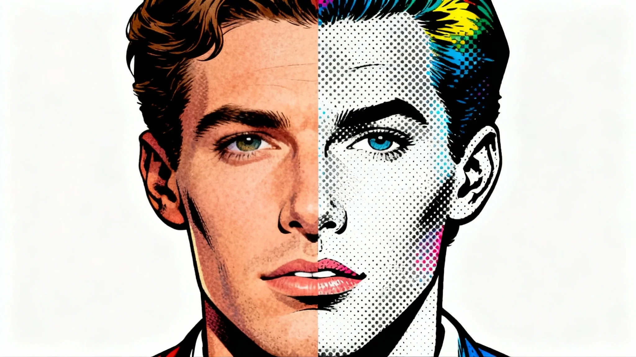 A conceptual image showing a portrait of a person split in half to demonstrate a halftone effect. One side is a realistic photo, the other is made of colored dots.