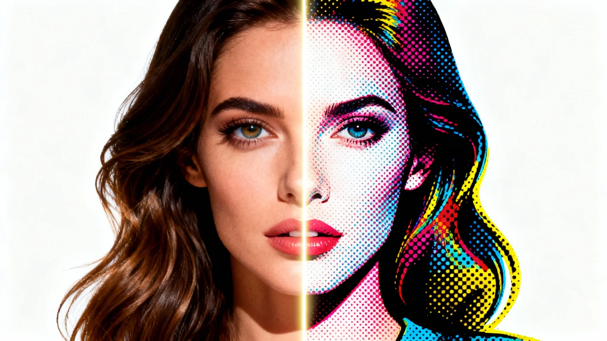 A split-screen image demonstrating a halftone effect; the left side shows a realistic color portrait of a woman, and the right side shows the same portrait transformed with a visible dot pattern.