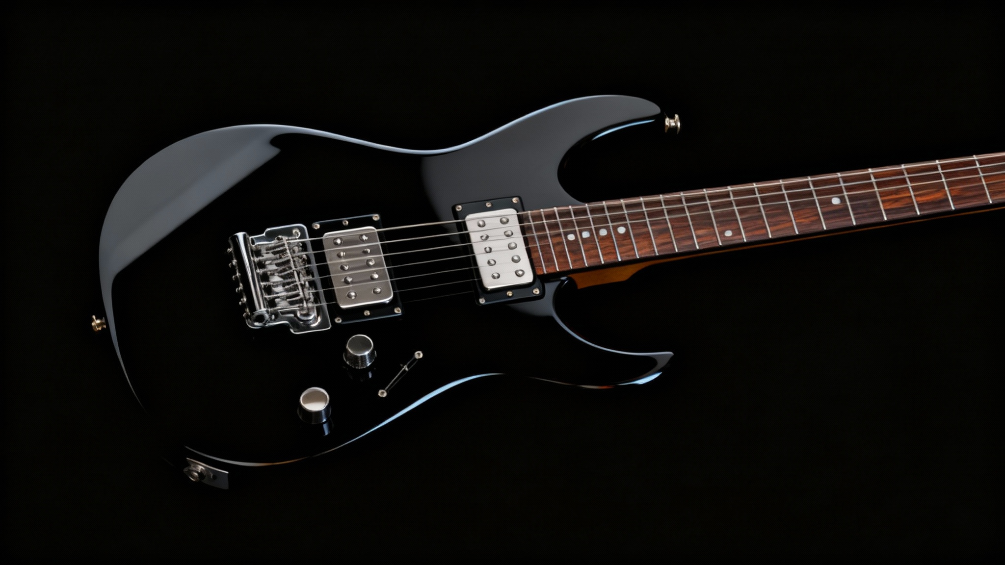 A professional product shot of a sleek black electric guitar, perfectly isolated against a solid black background, showcasing the final result of a background removal and replacement tool.