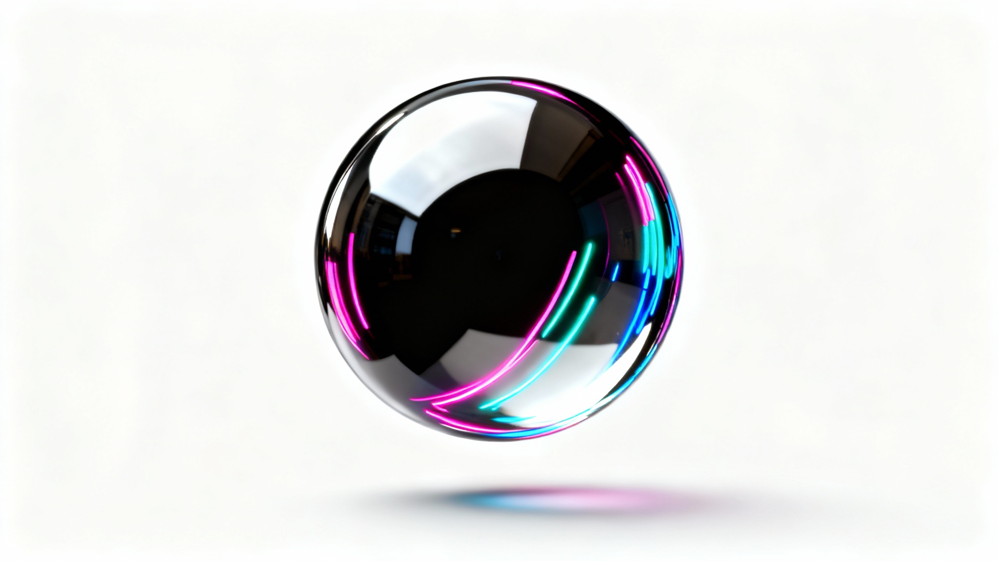 A highly polished chrome sphere reflecting streaks of neon light, floating in the center of a pure, solid black background, showcasing the visual effect of a black background.