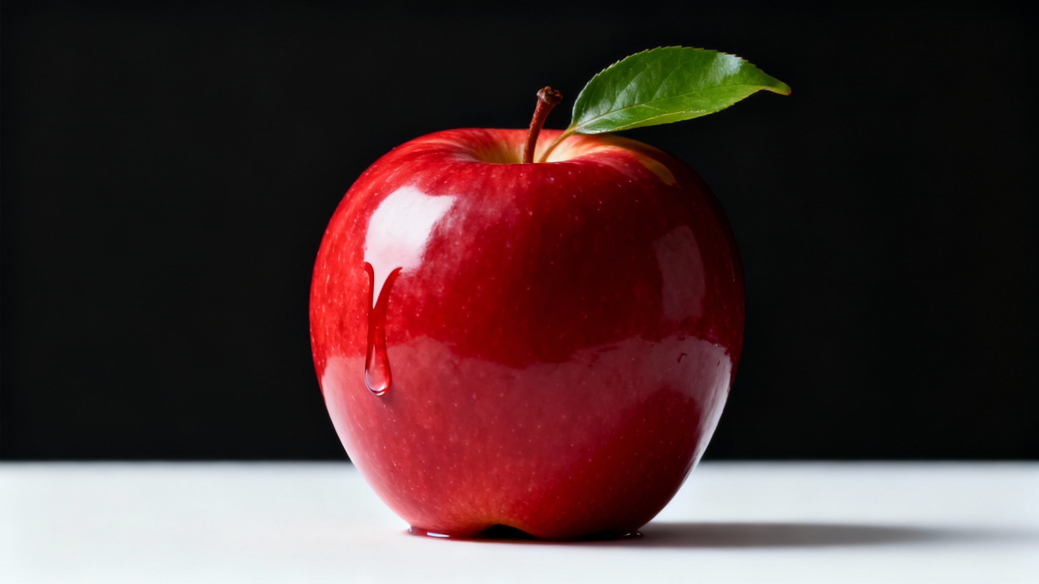 A hyper-realistic mockup image of a single, shiny red apple with a water droplet, positioned against a stark black background. The entire scene is isolated on a clean white background.